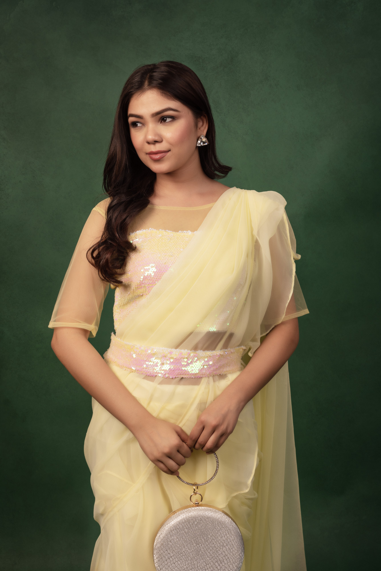 Lemon Sequin Georgettte Ready to Wear Ruffled Saree