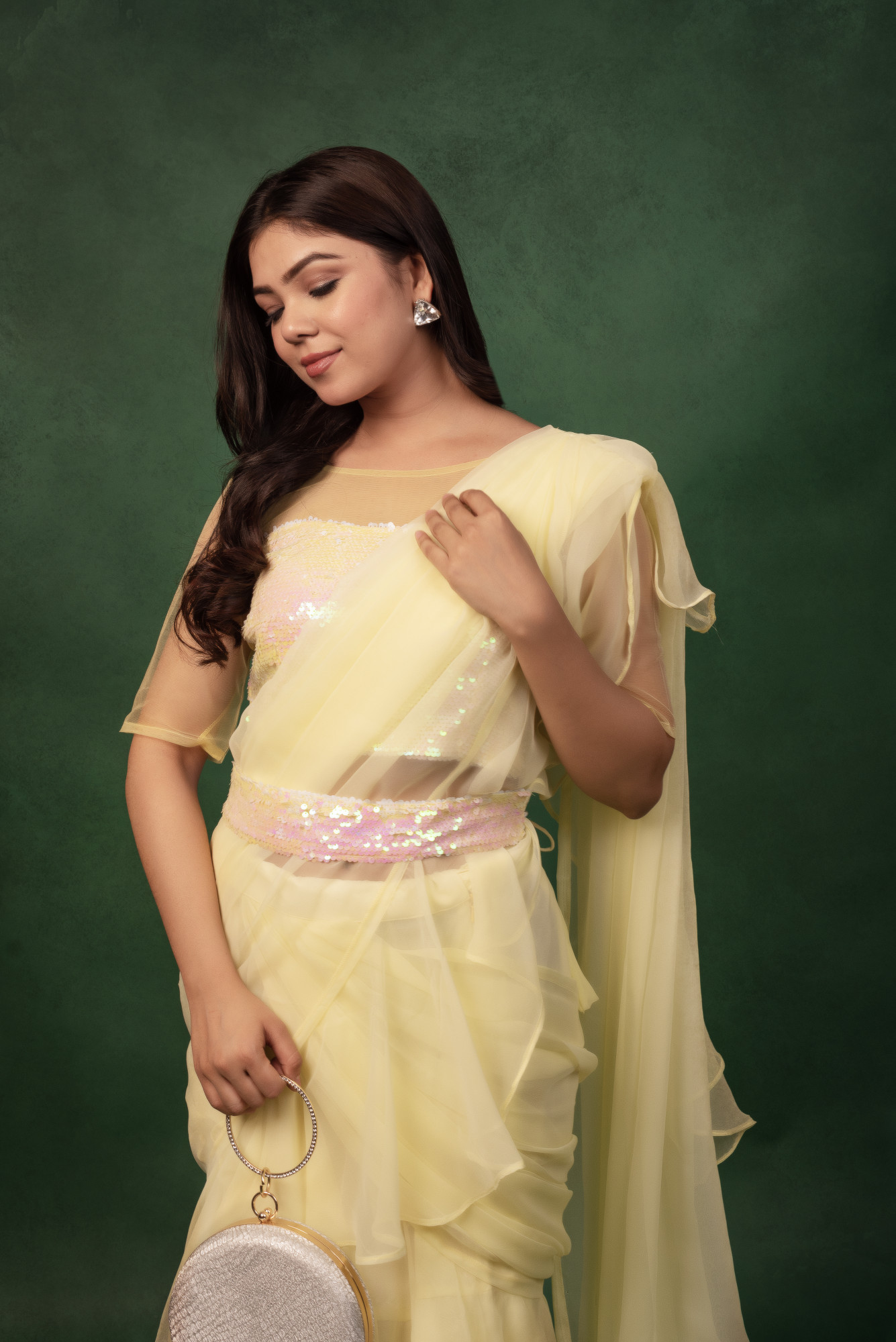 Lemon Sequin Georgettte Ready to Wear Ruffled Saree