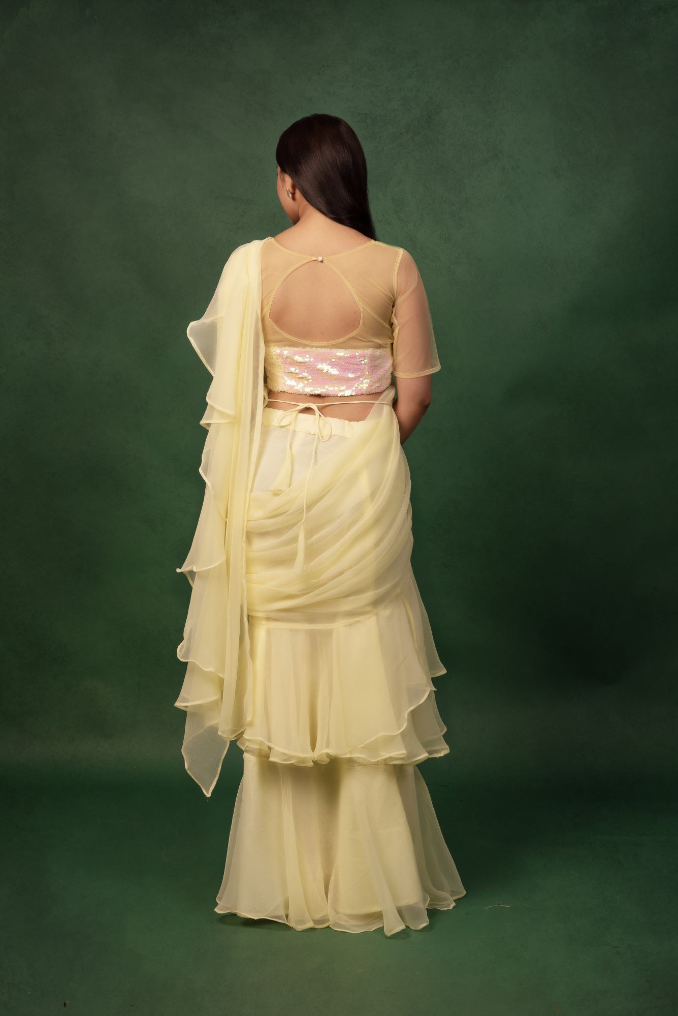 Lemon Sequin Georgettte Ready to Wear Ruffled Saree