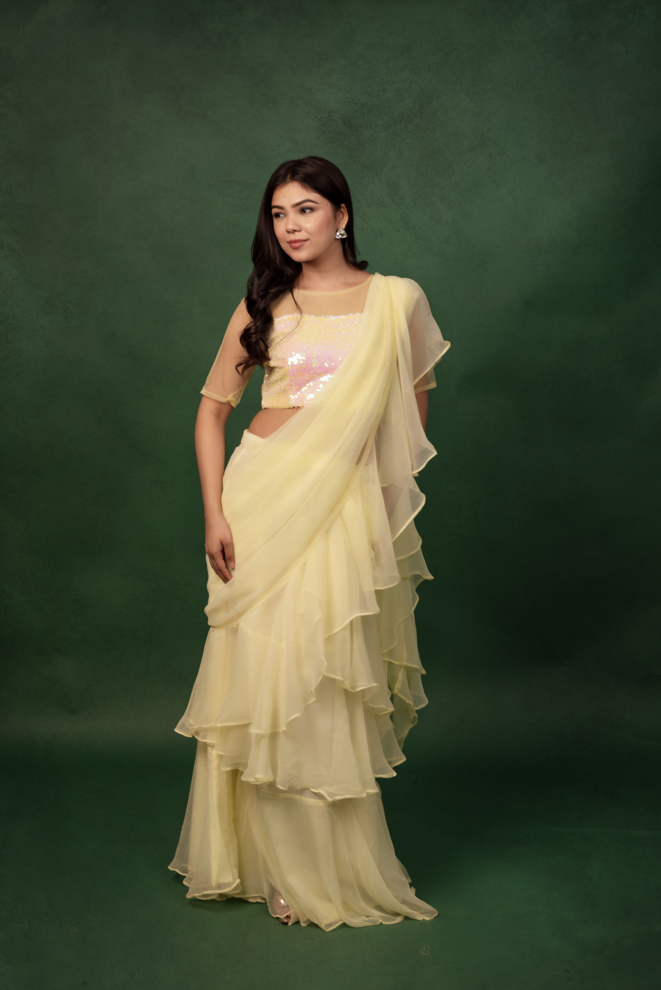 Lemon Sequin Georgettte Ready to Wear Ruffled Saree
