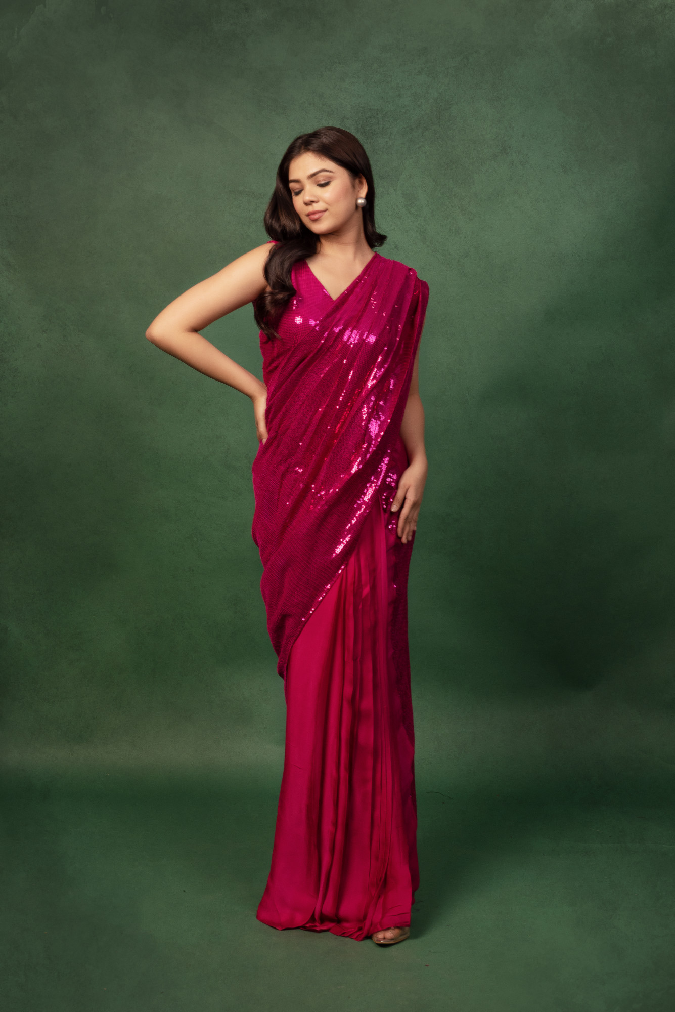 Mexican Pink Sequin Satin Ready To Wear Drape Saree