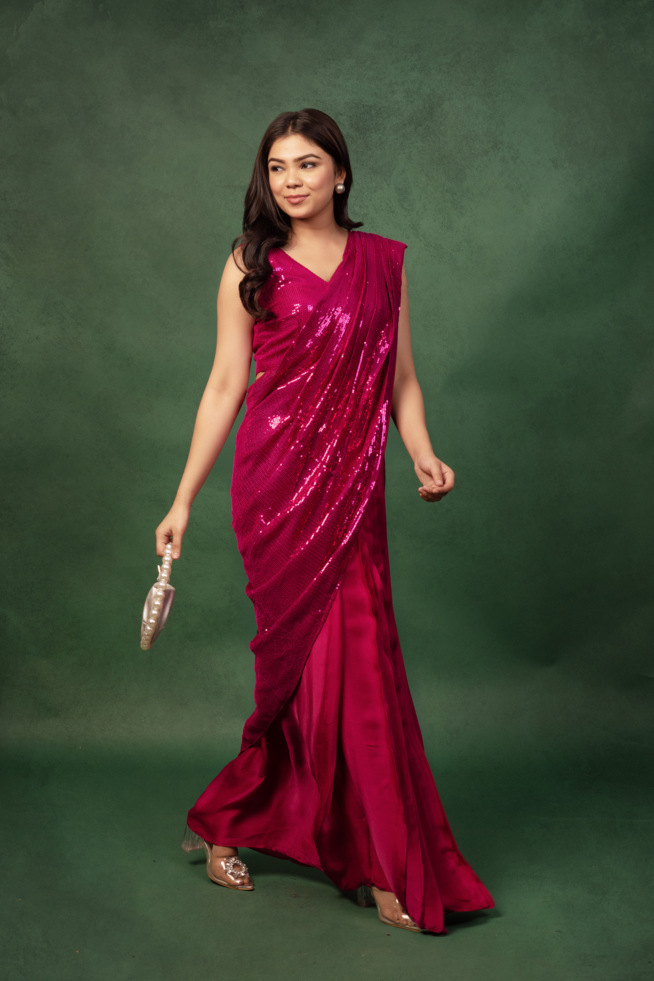 Mexican Pink Sequin Satin Ready To Wear Drape Saree