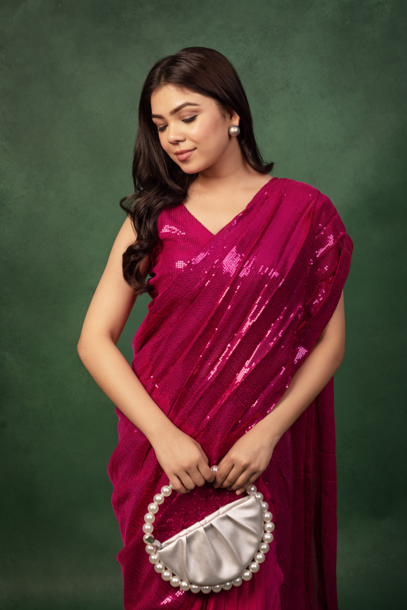 Mexican Pink Sequin Satin Ready To Wear Drape Saree