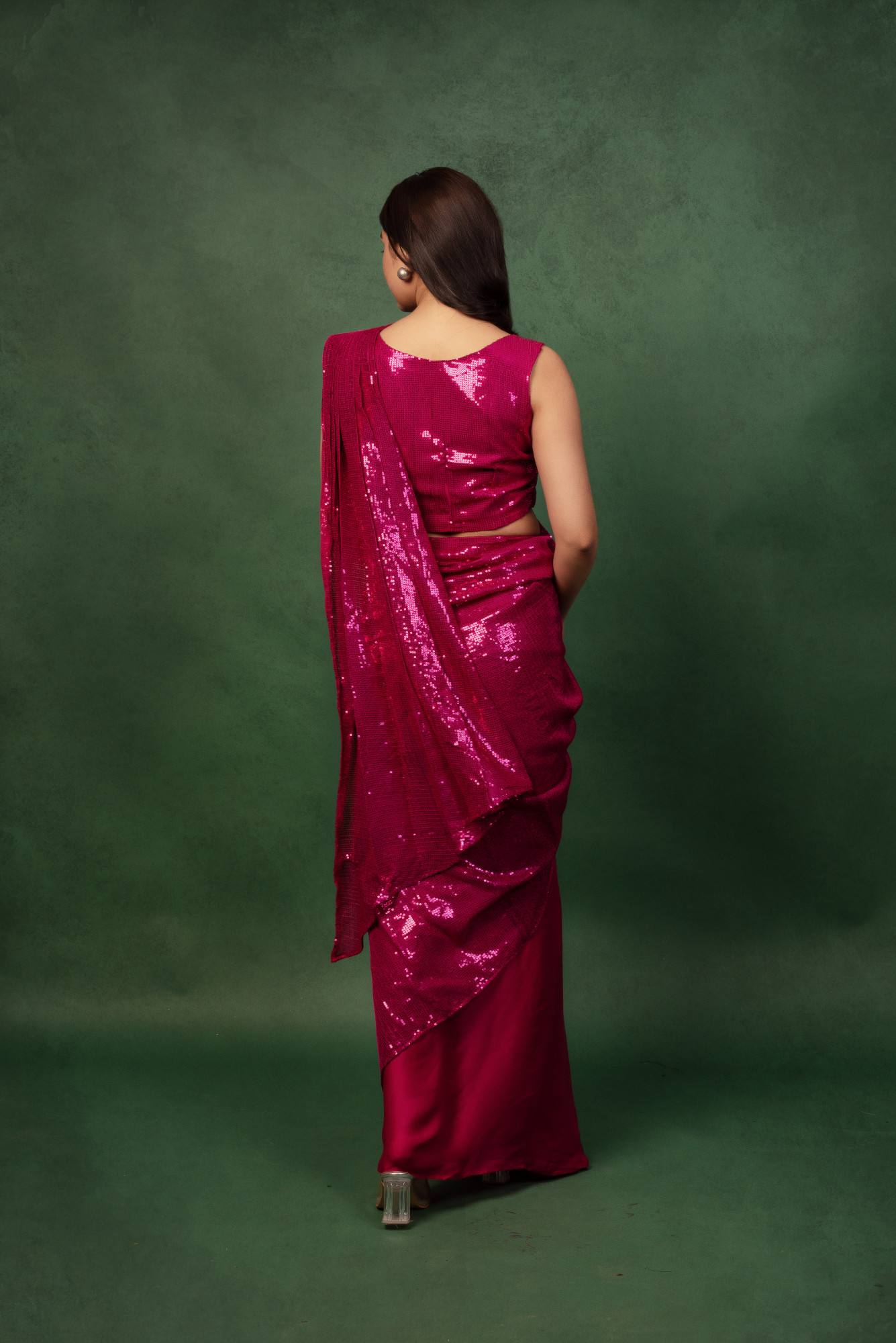 Mexican Pink Sequin Satin Ready To Wear Drape Saree