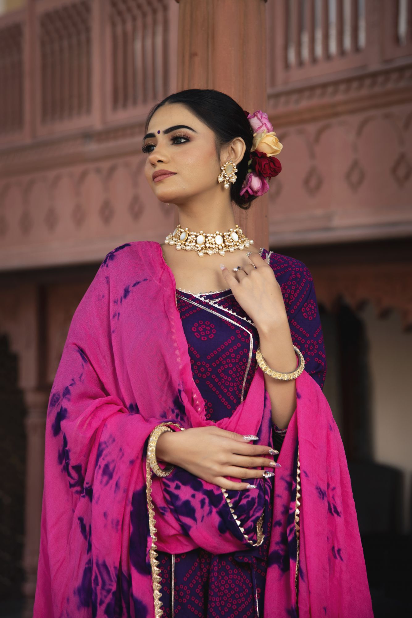 Purple Bhandhej Gotapatti Anarkali Suit Set