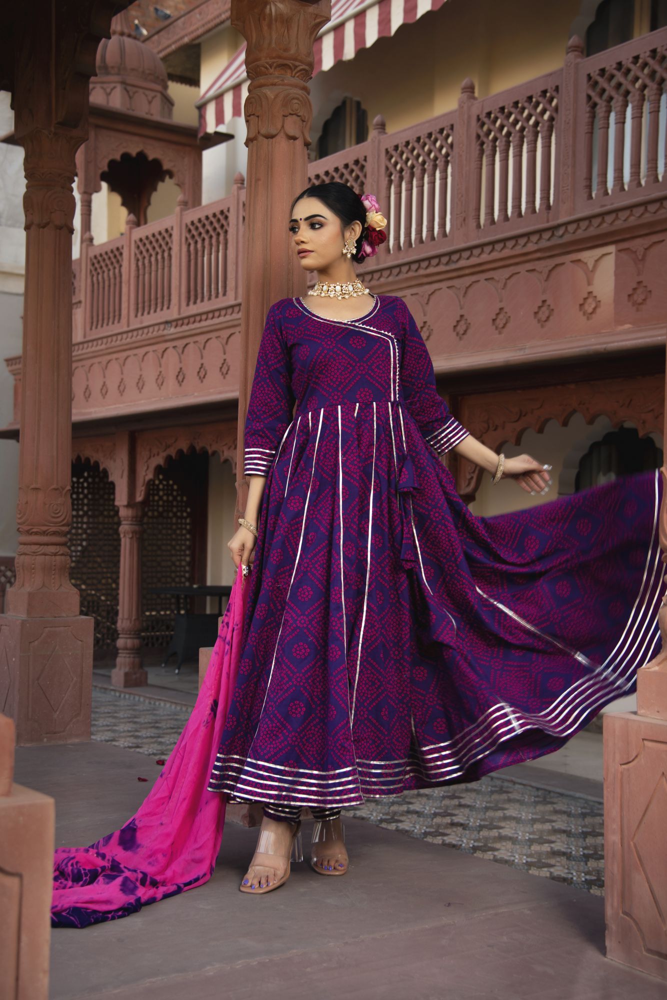 Purple Bhandhej Gotapatti Anarkali Suit Set