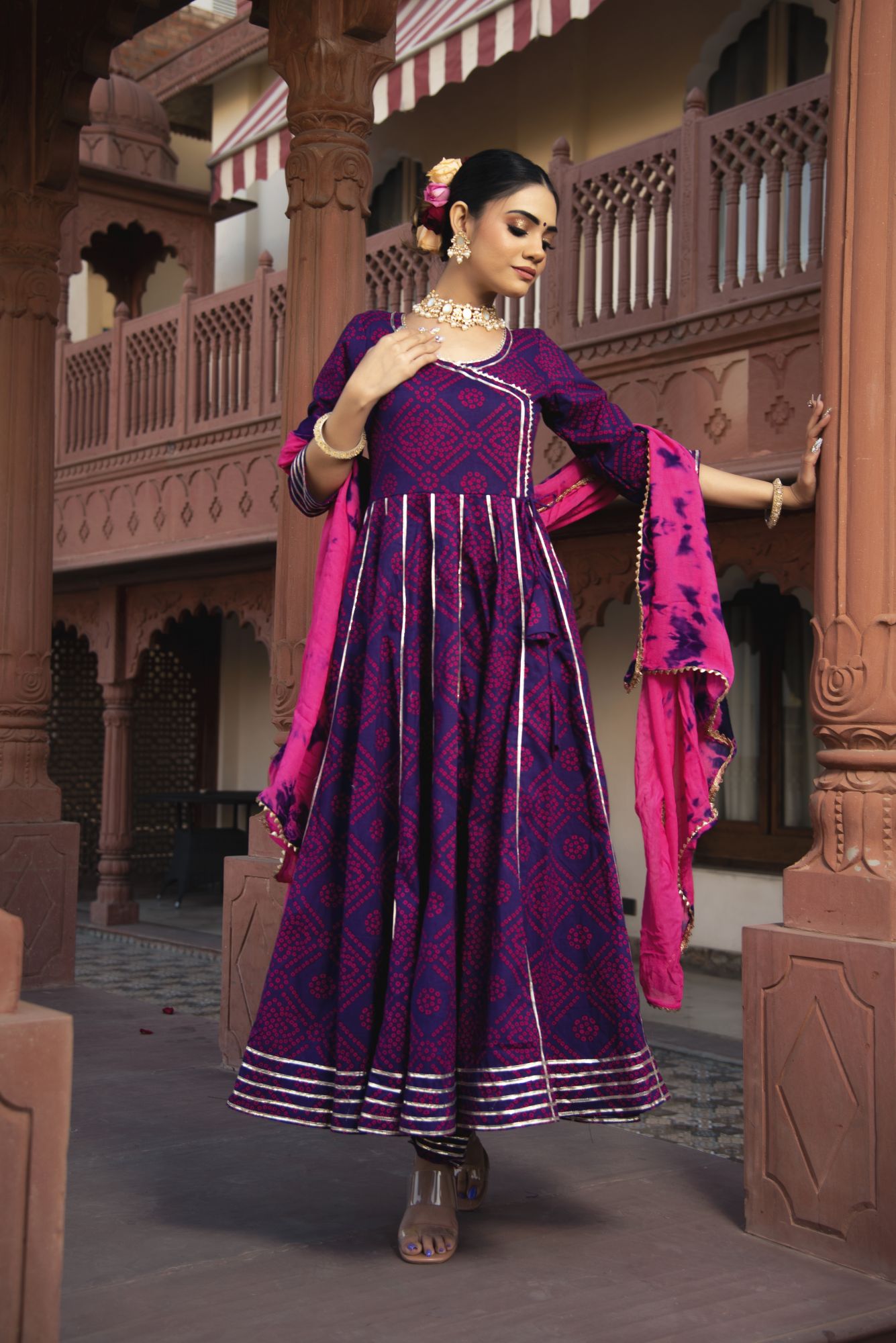 Purple Bhandhej Gotapatti Anarkali Suit Set