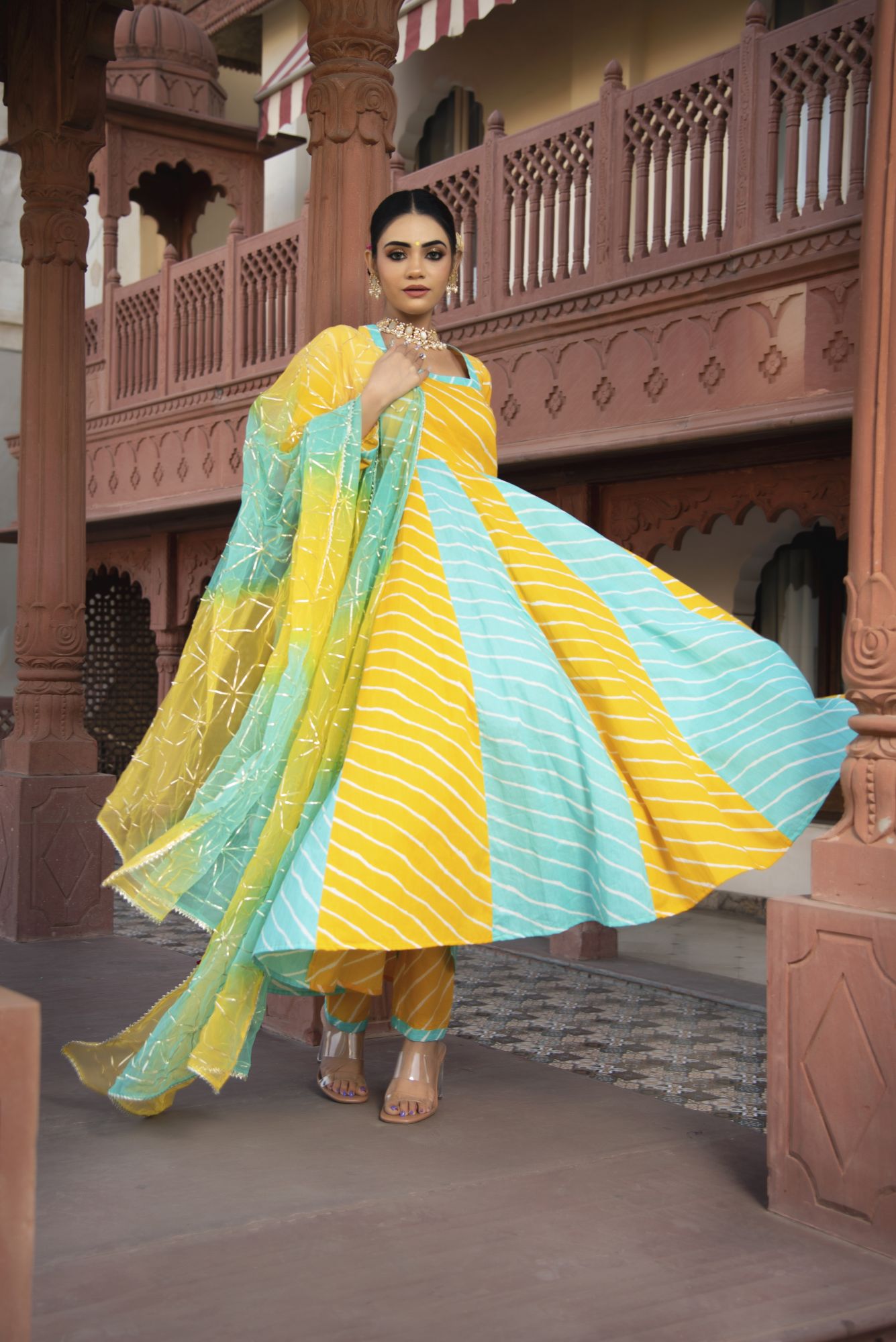 Yellow and Blue Lehriya Gotapatti Anarkali Suit Set