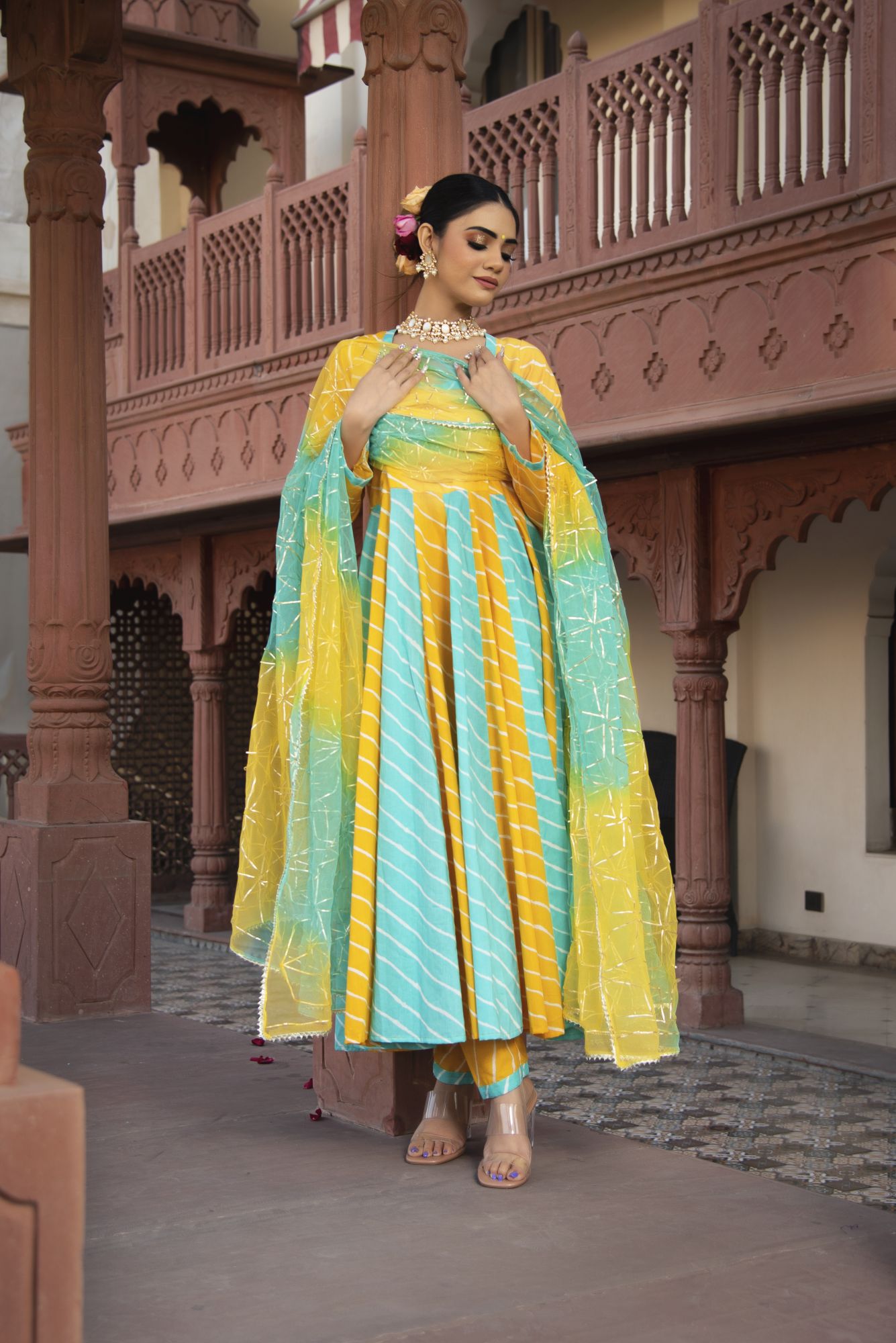 Yellow and Blue Lehriya Gotapatti Anarkali Suit Set