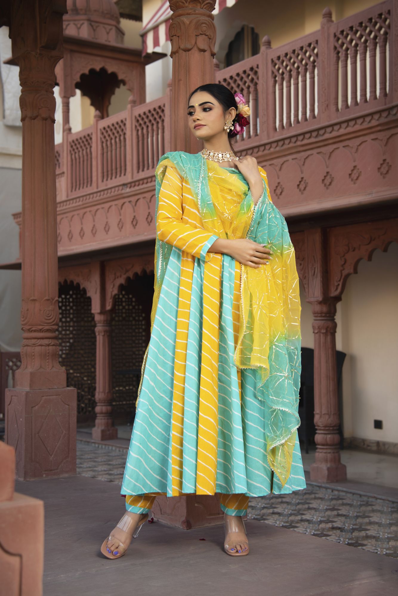Yellow and Blue Lehriya Gotapatti Anarkali Suit Set