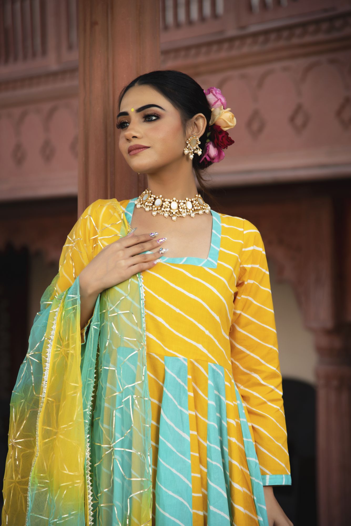 Yellow and Blue Lehriya Gotapatti Anarkali Suit Set