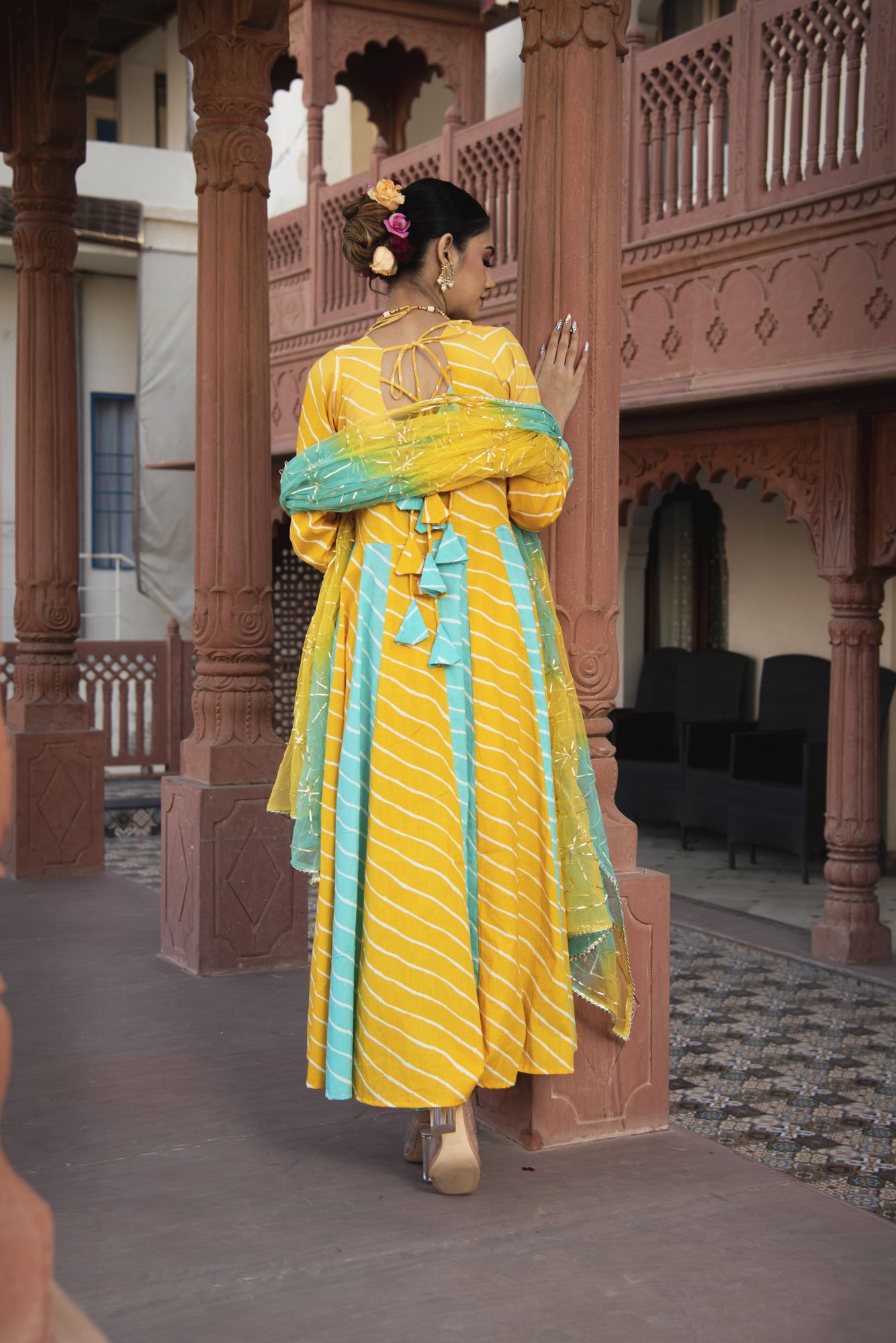 Yellow and Blue Lehriya Gotapatti Anarkali Suit Set