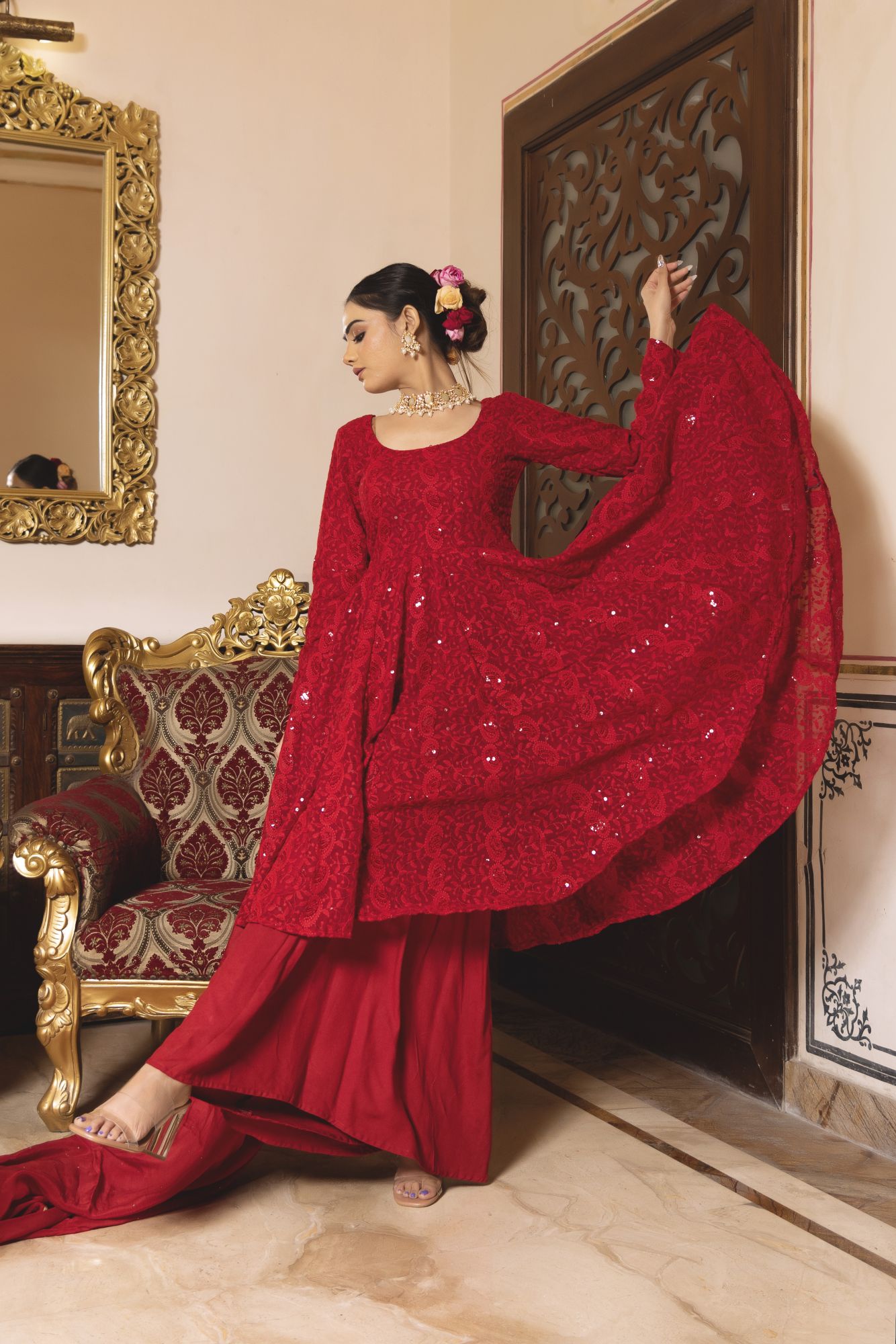 Princess Red Chikankari Sharara Set