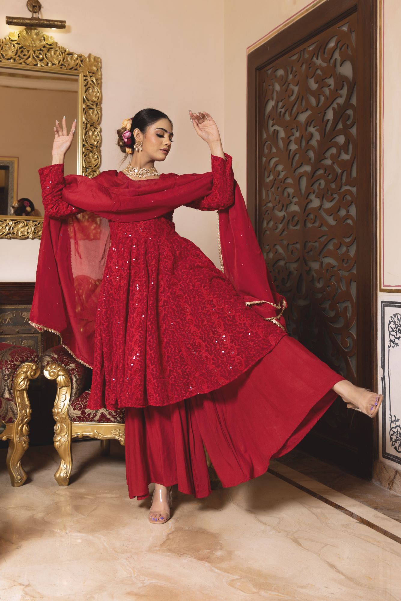 Princess Red Chikankari Sharara Set