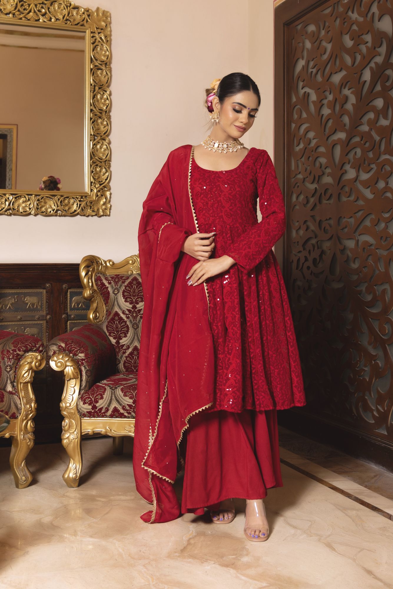 Princess Red Chikankari Sharara Set