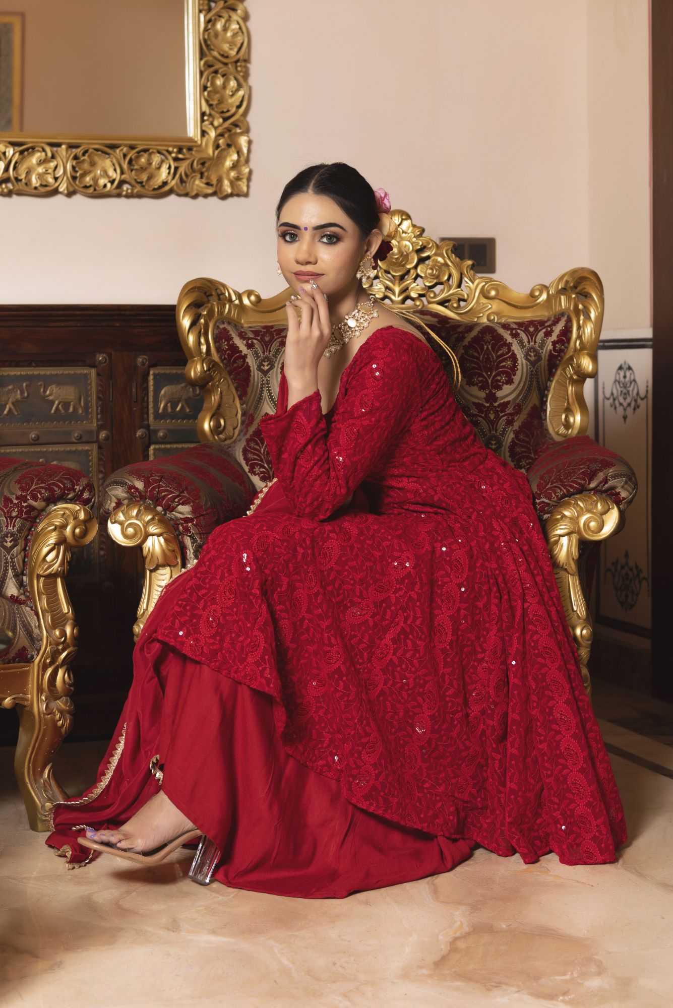 Princess Red Chikankari Sharara Set