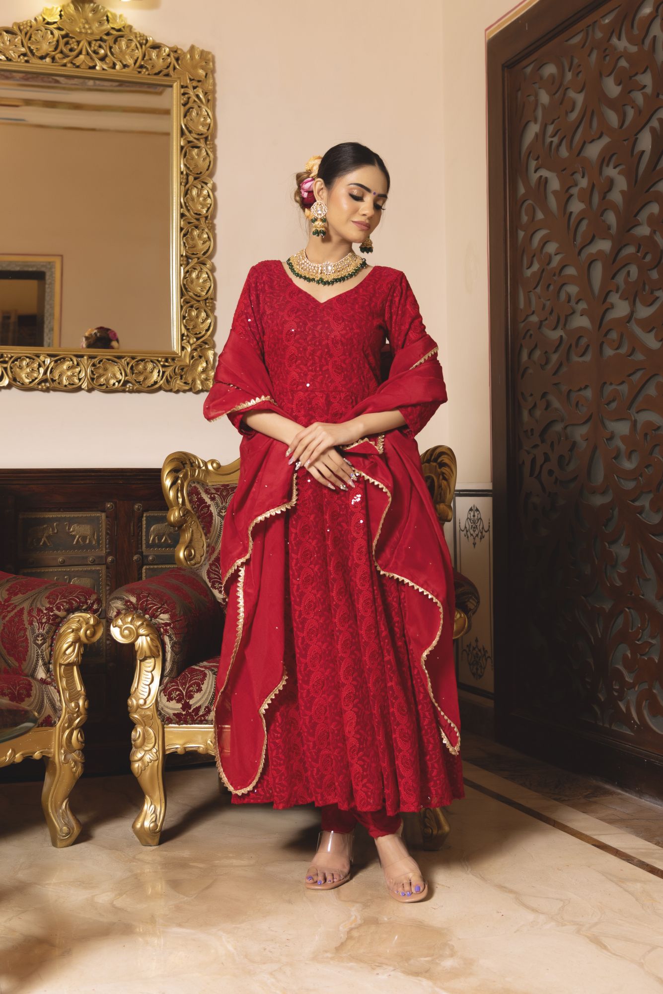 Princess Red Chikankari Anarkali Suit Set