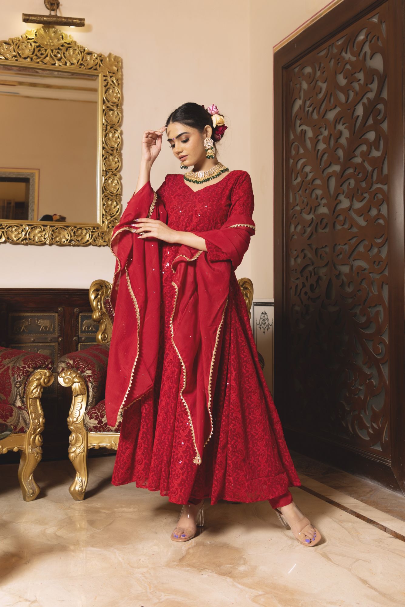 Princess Red Chikankari Anarkali Suit Set - Main Image