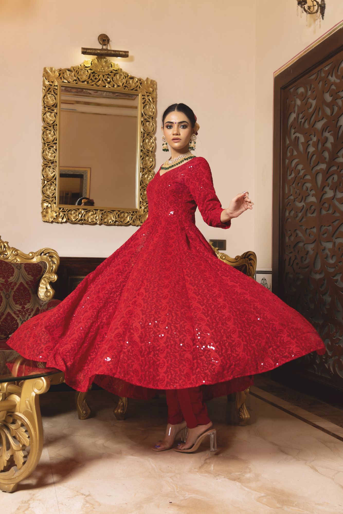 Princess Red Chikankari Anarkali Suit Set