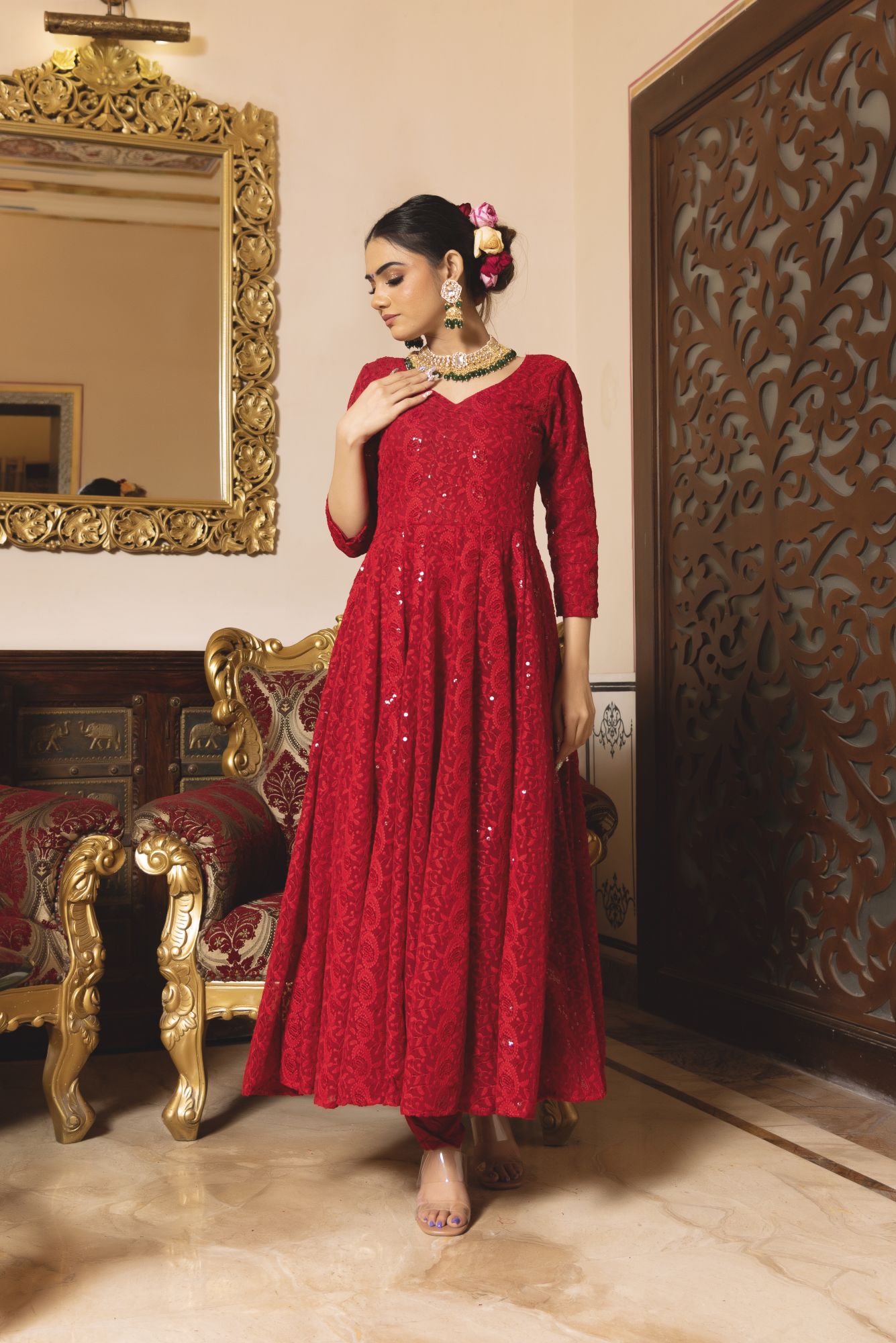 Princess Red Chikankari Anarkali Suit Set