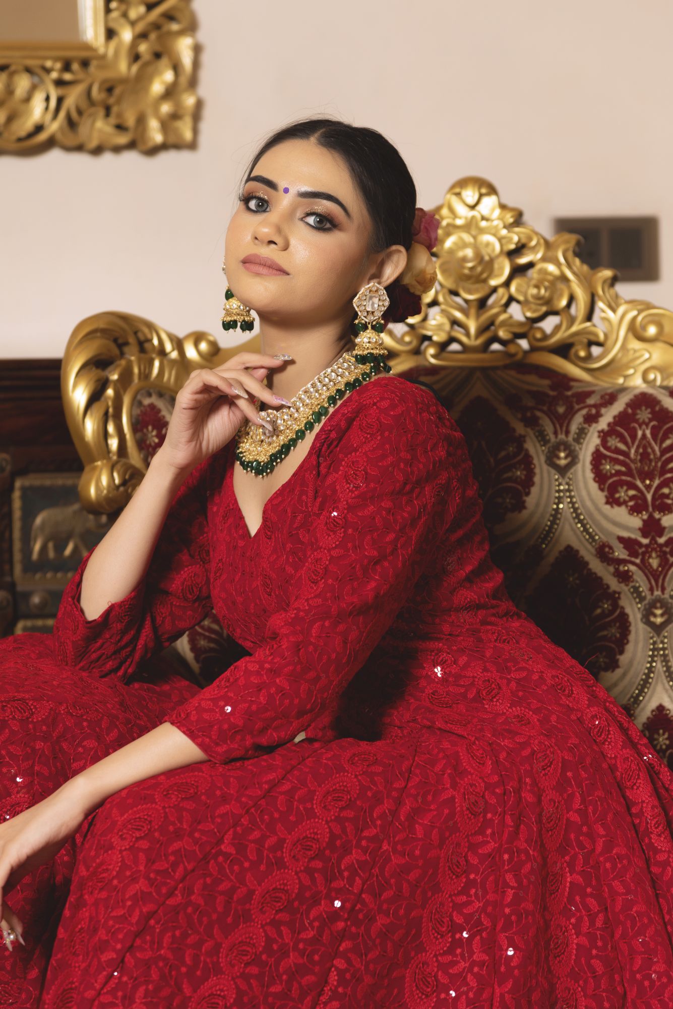 Princess Red Chikankari Anarkali Suit Set