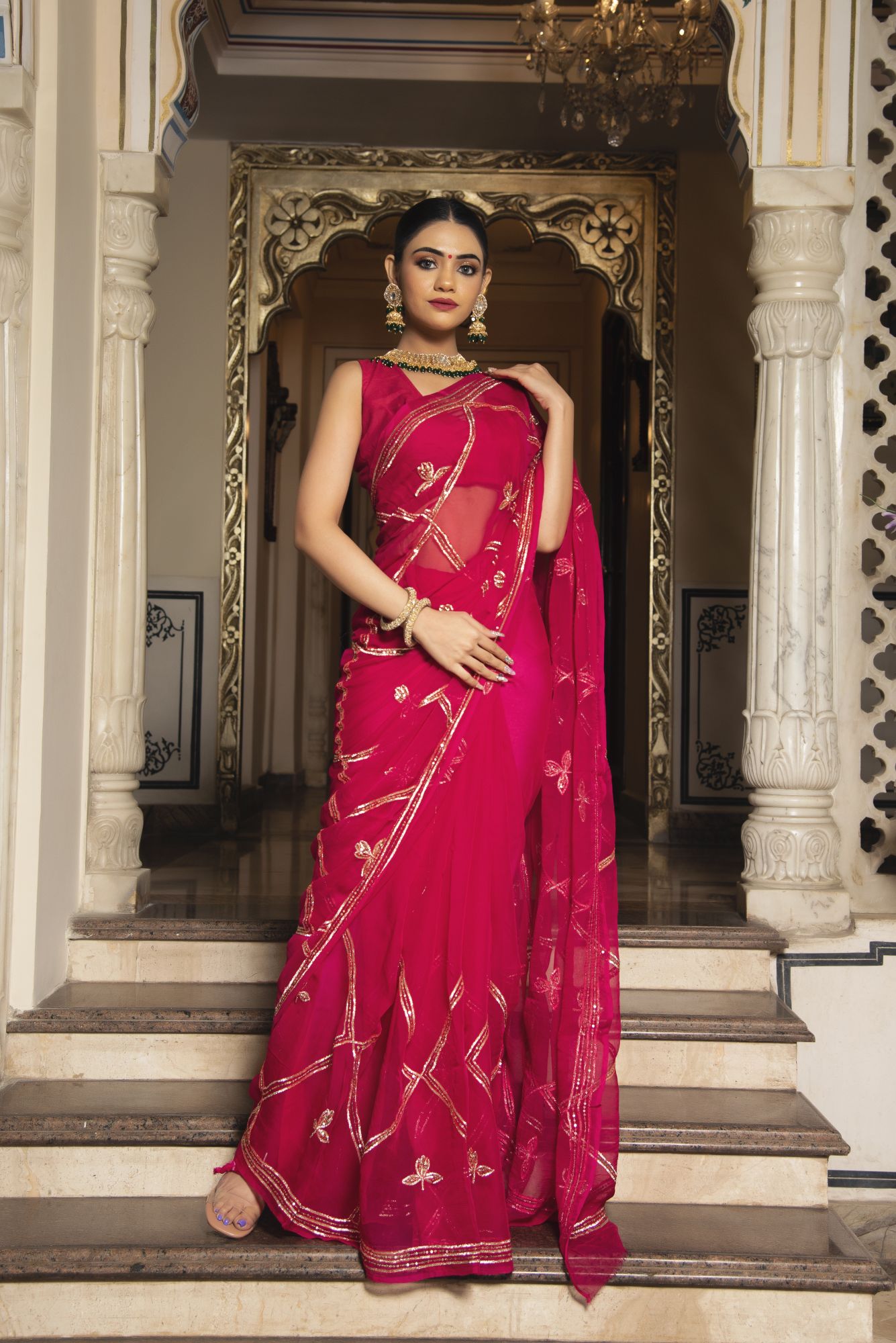Royal Rani Pink Chiffon Handwork Saree