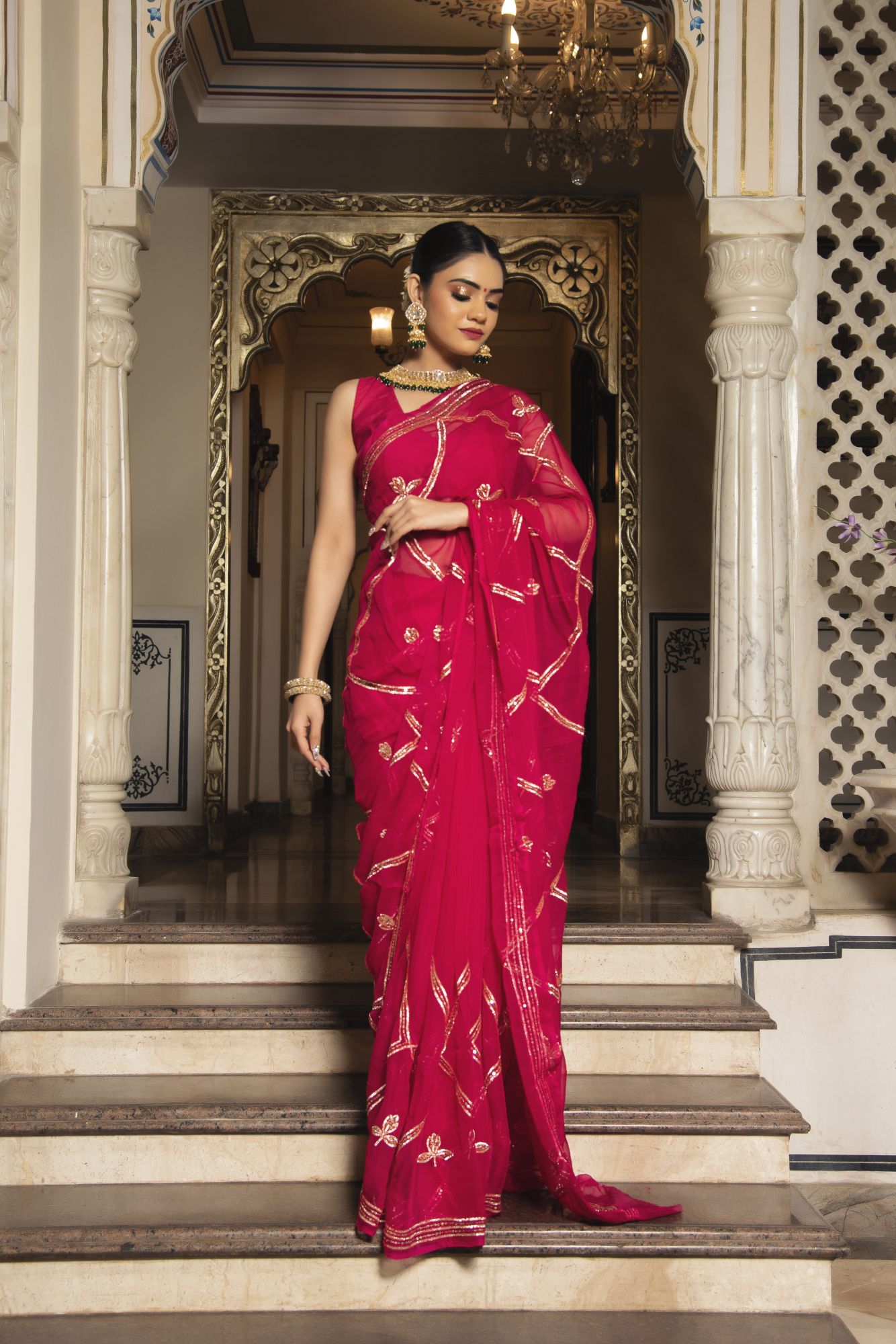 Royal Rani Pink Chiffon Handwork Saree