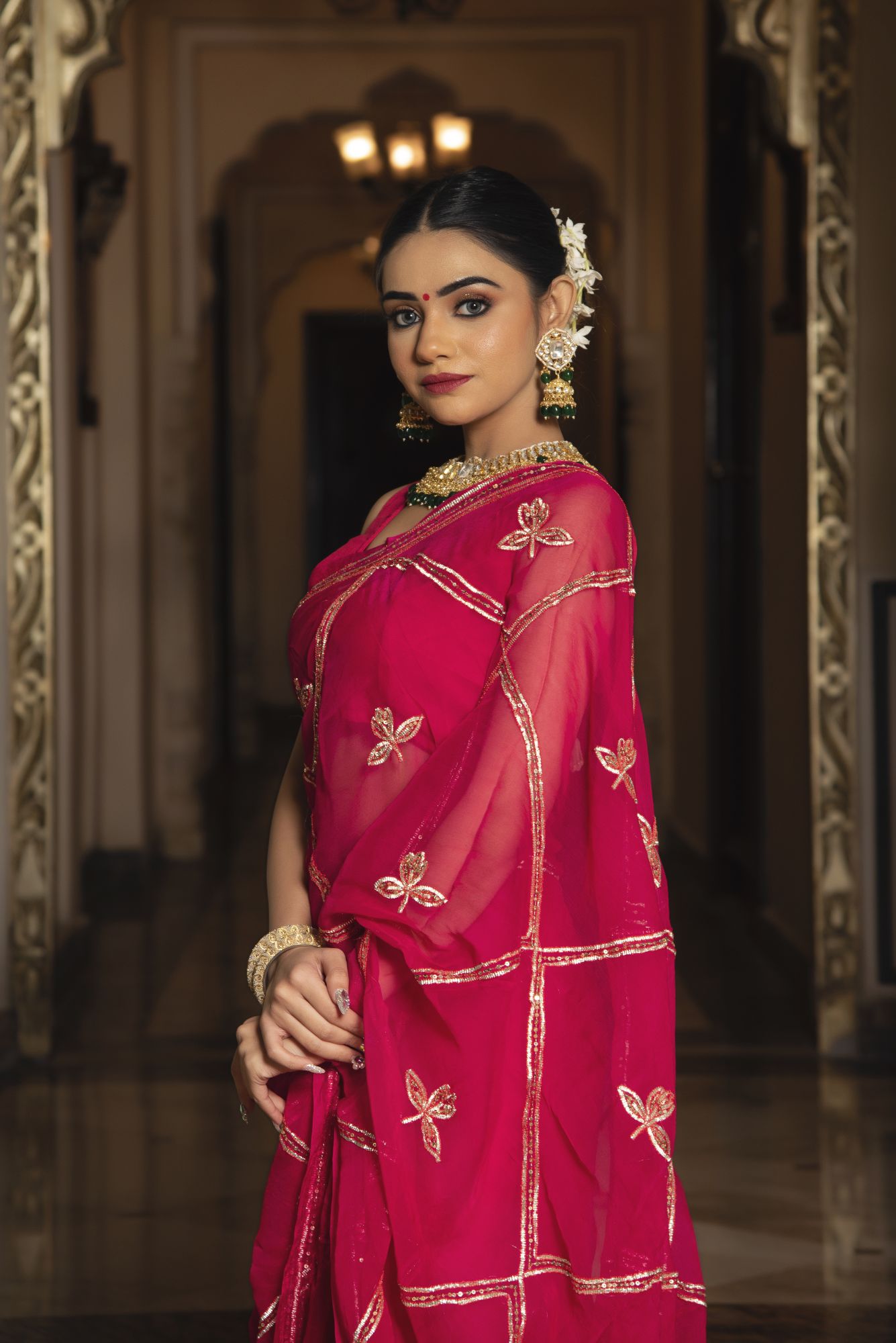 Royal Rani Pink Chiffon Handwork Saree