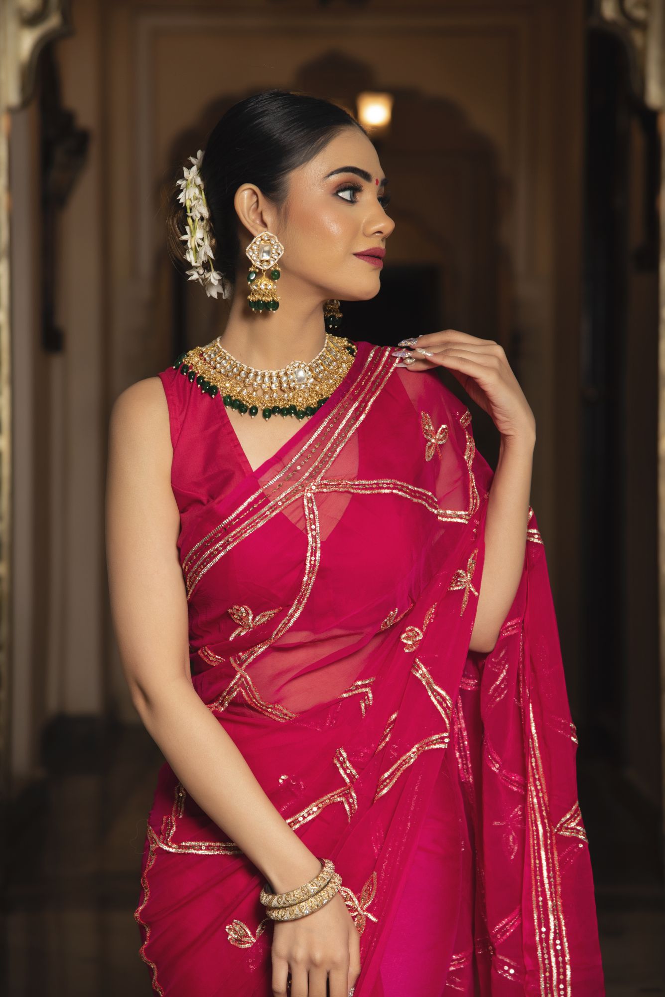 Royal Rani Pink Chiffon Handwork Saree