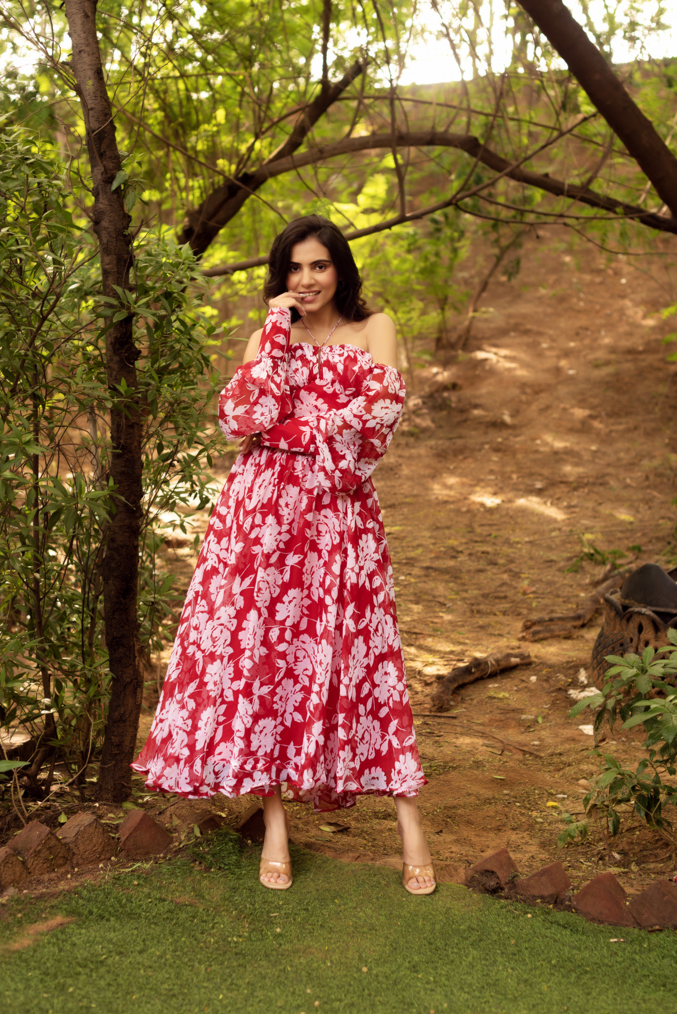 Red And White Chiffon Printed Dress