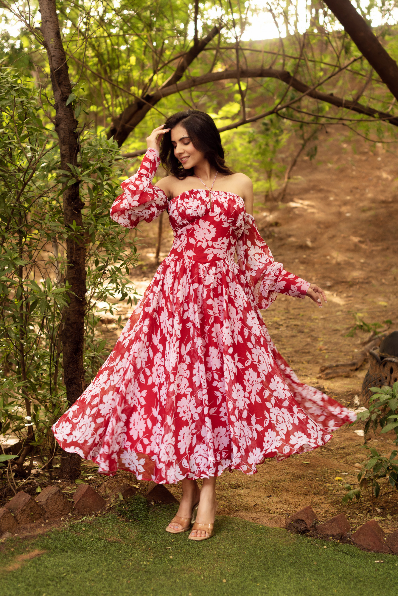 Red And White Chiffon Printed Dress
