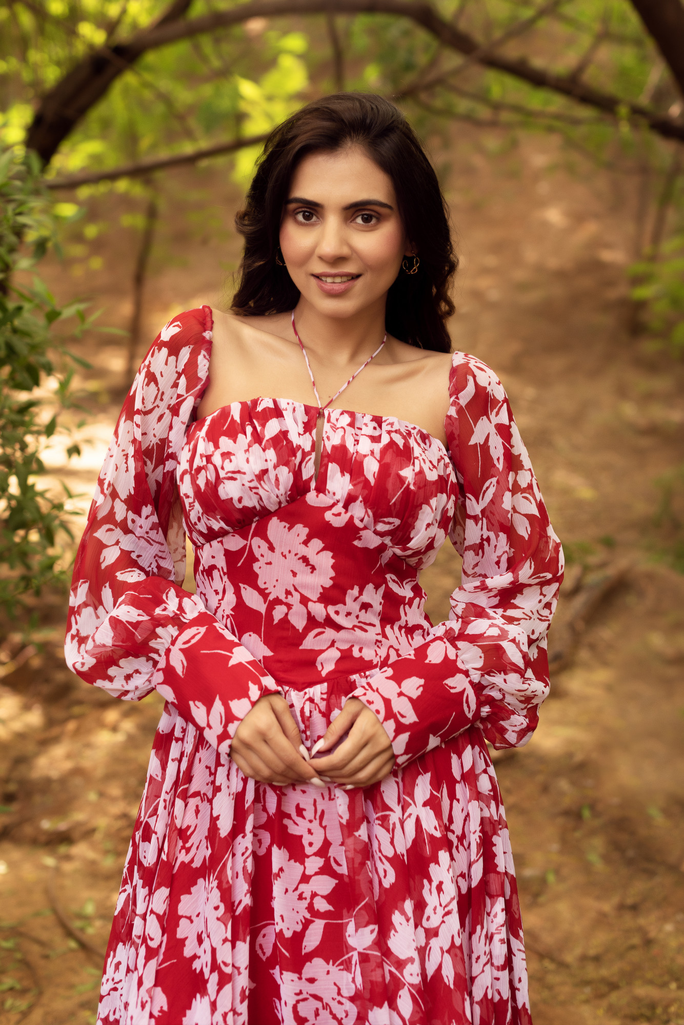 Red And White Chiffon Printed Dress