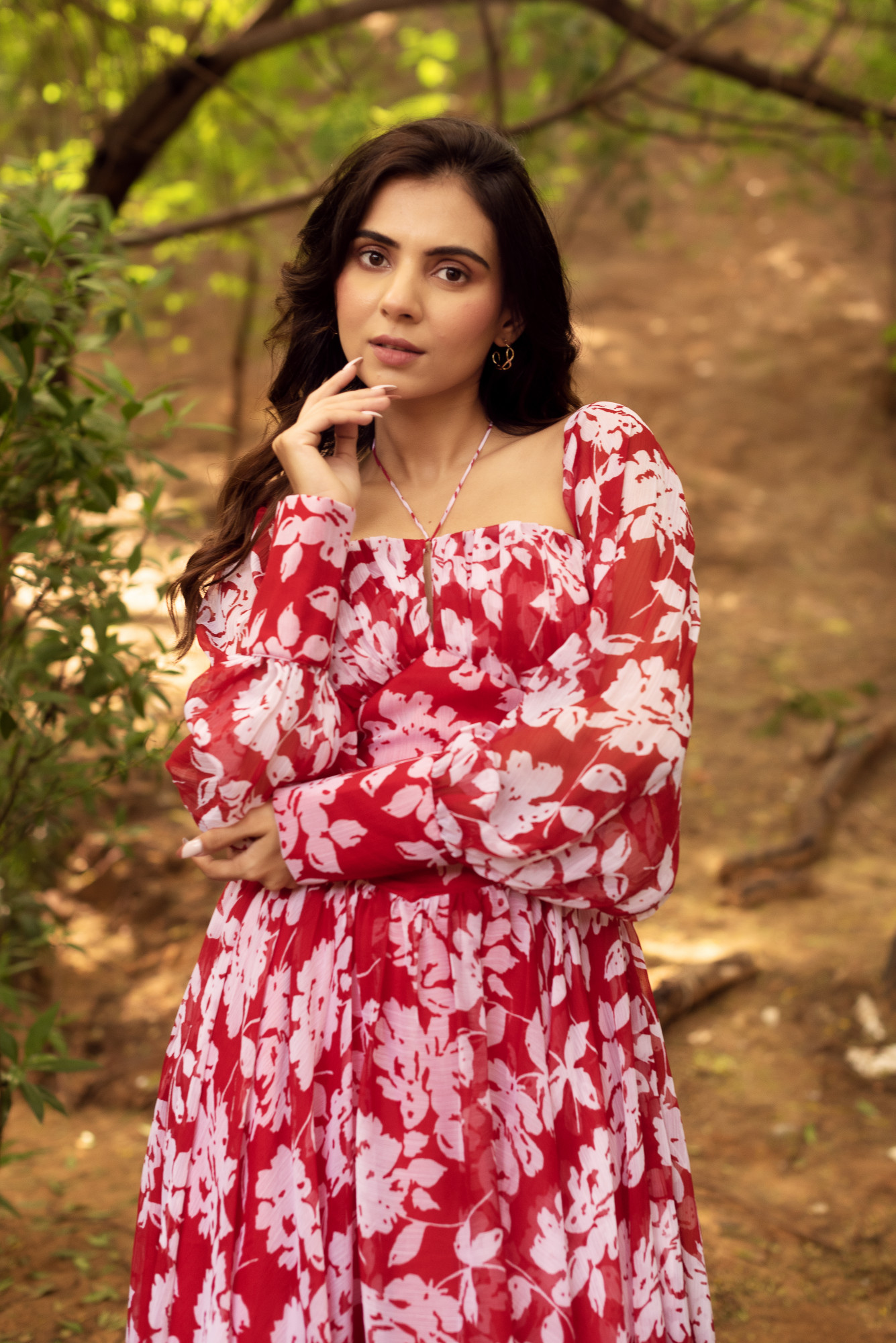 Red And White Chiffon Printed Dress