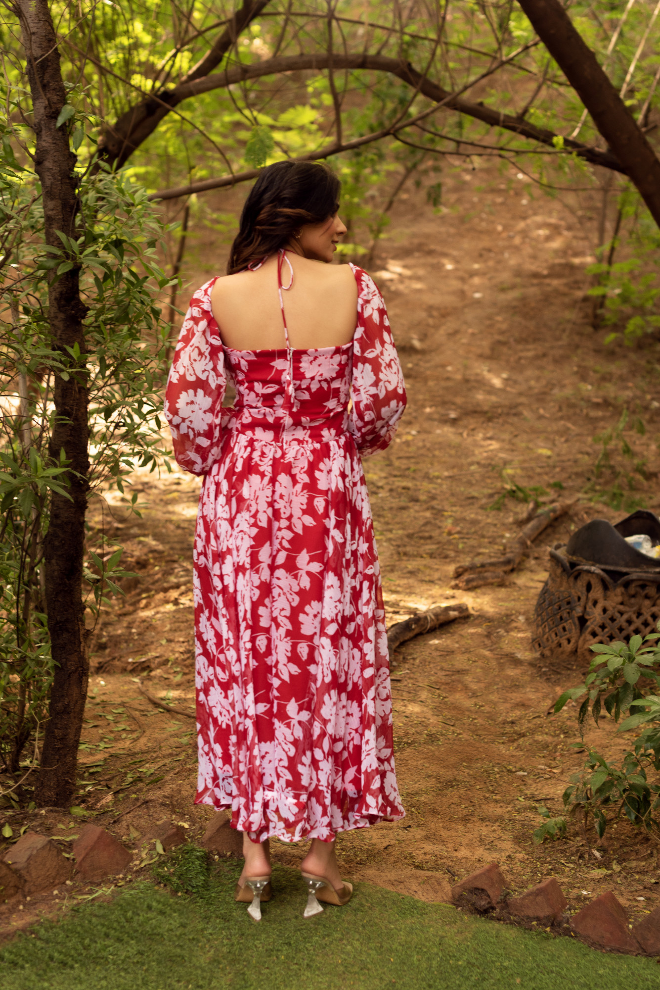 Red And White Chiffon Printed Dress