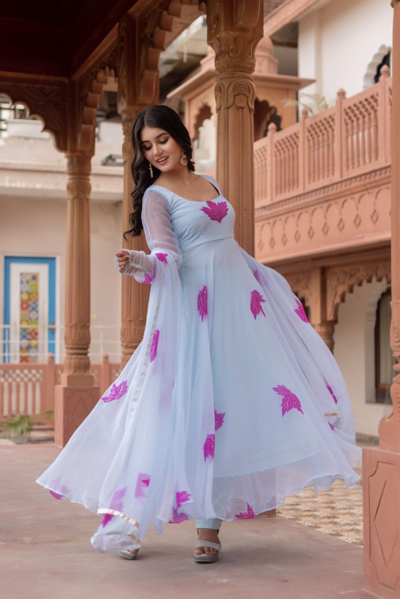 Sky Blue Handpainted Anarkali Suit Set