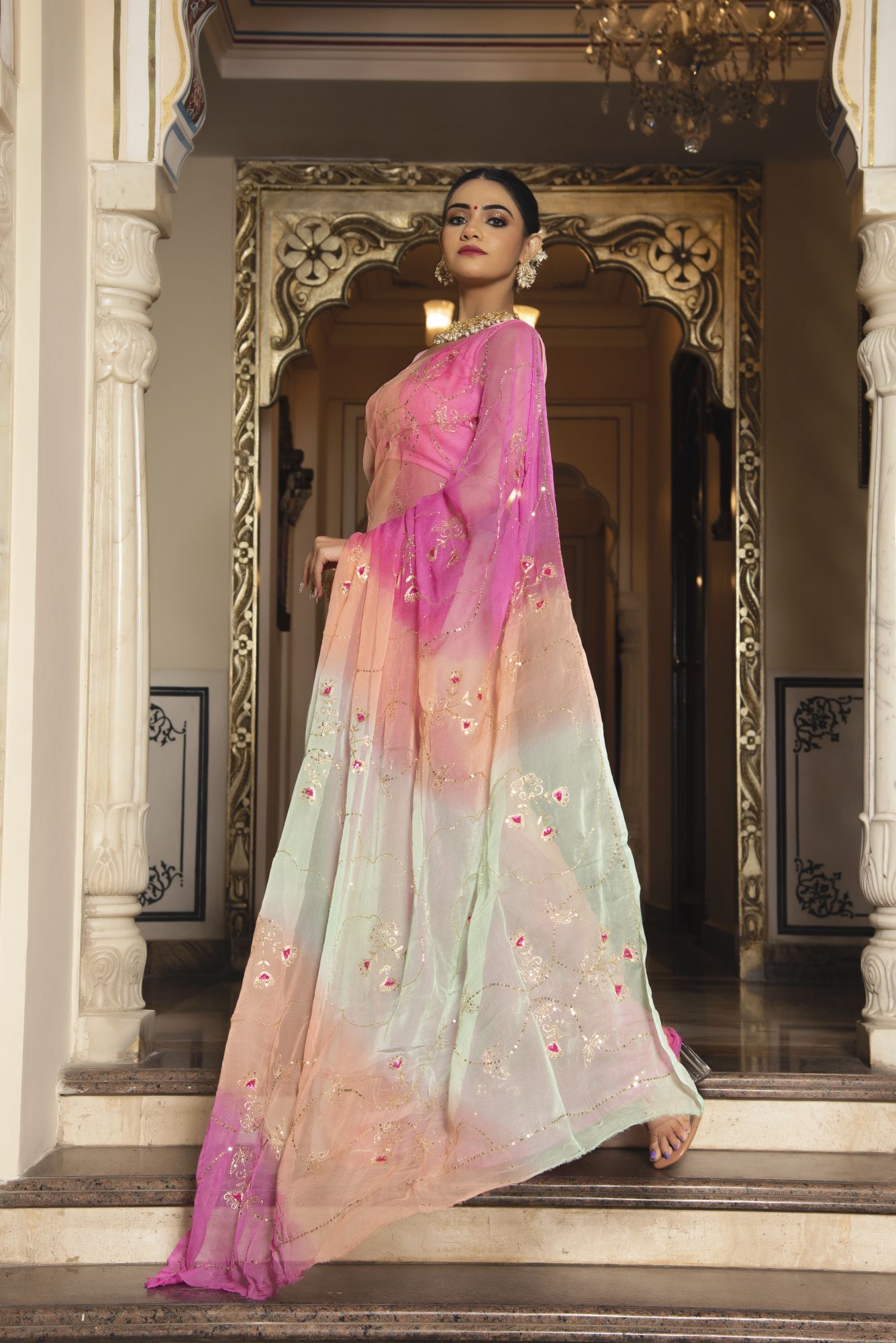 Princess Pink Pure Chiffon Handwork Saree