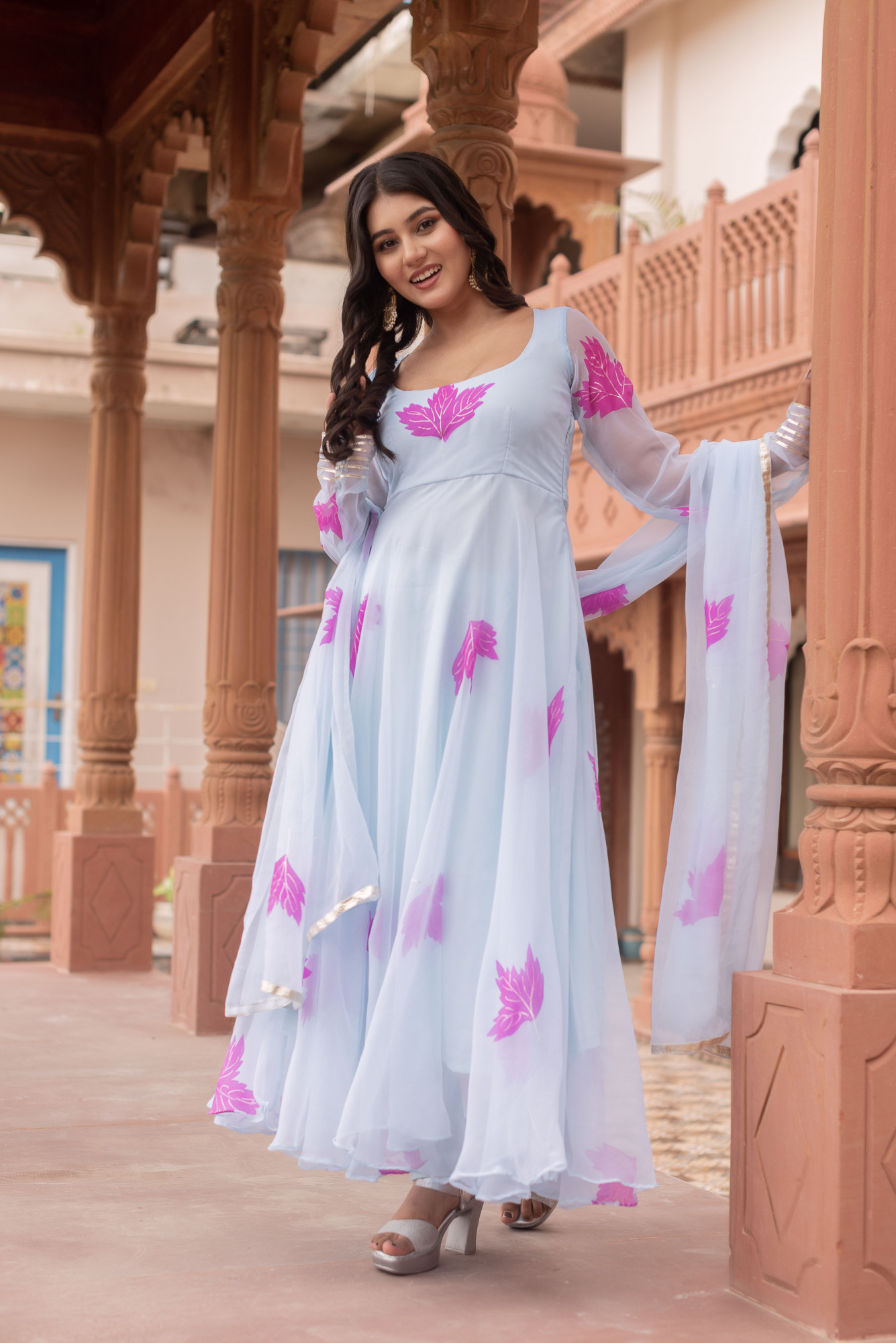 Sky Blue Handpainted Anarkali Suit Set