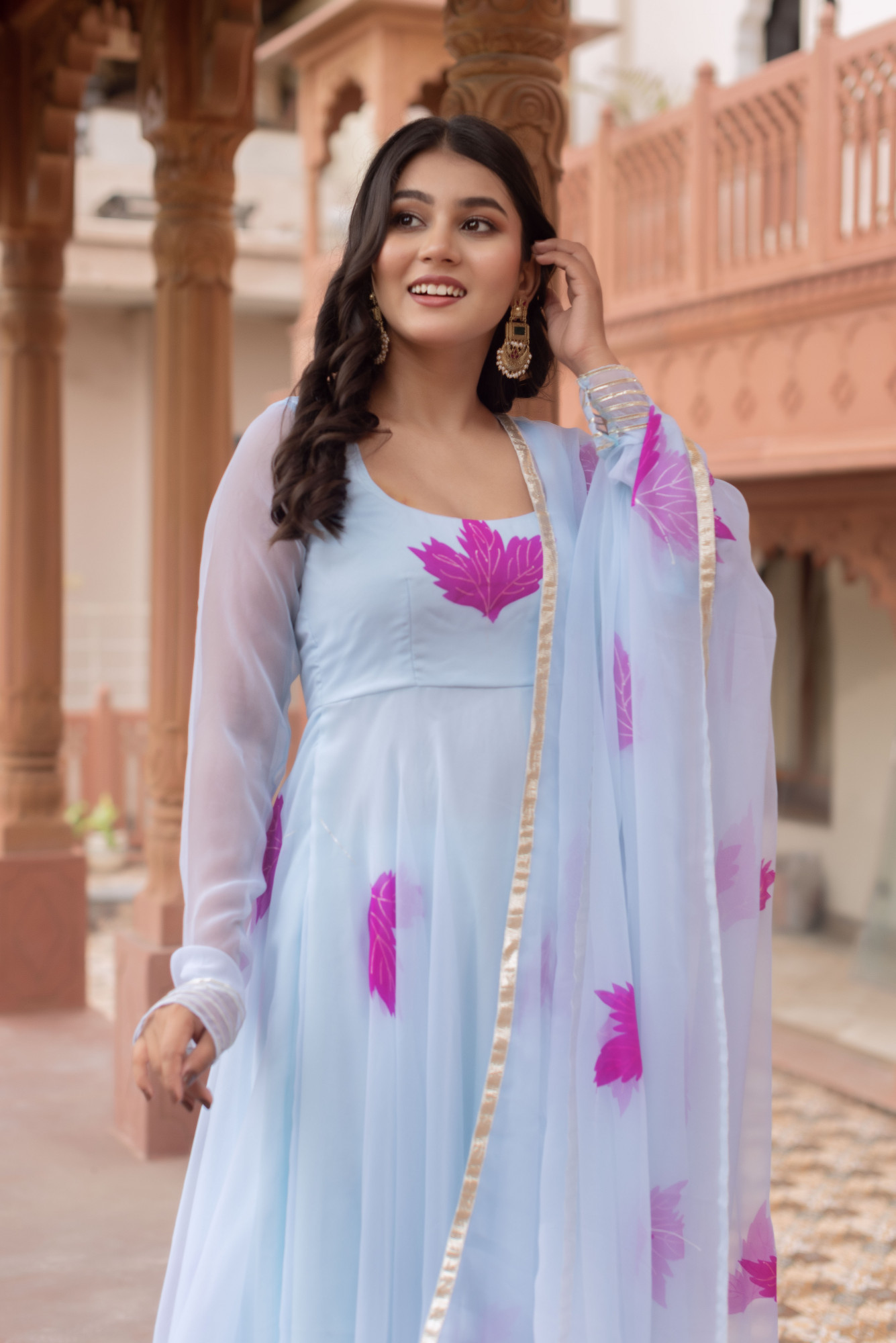 Sky Blue Handpainted Anarkali Suit Set