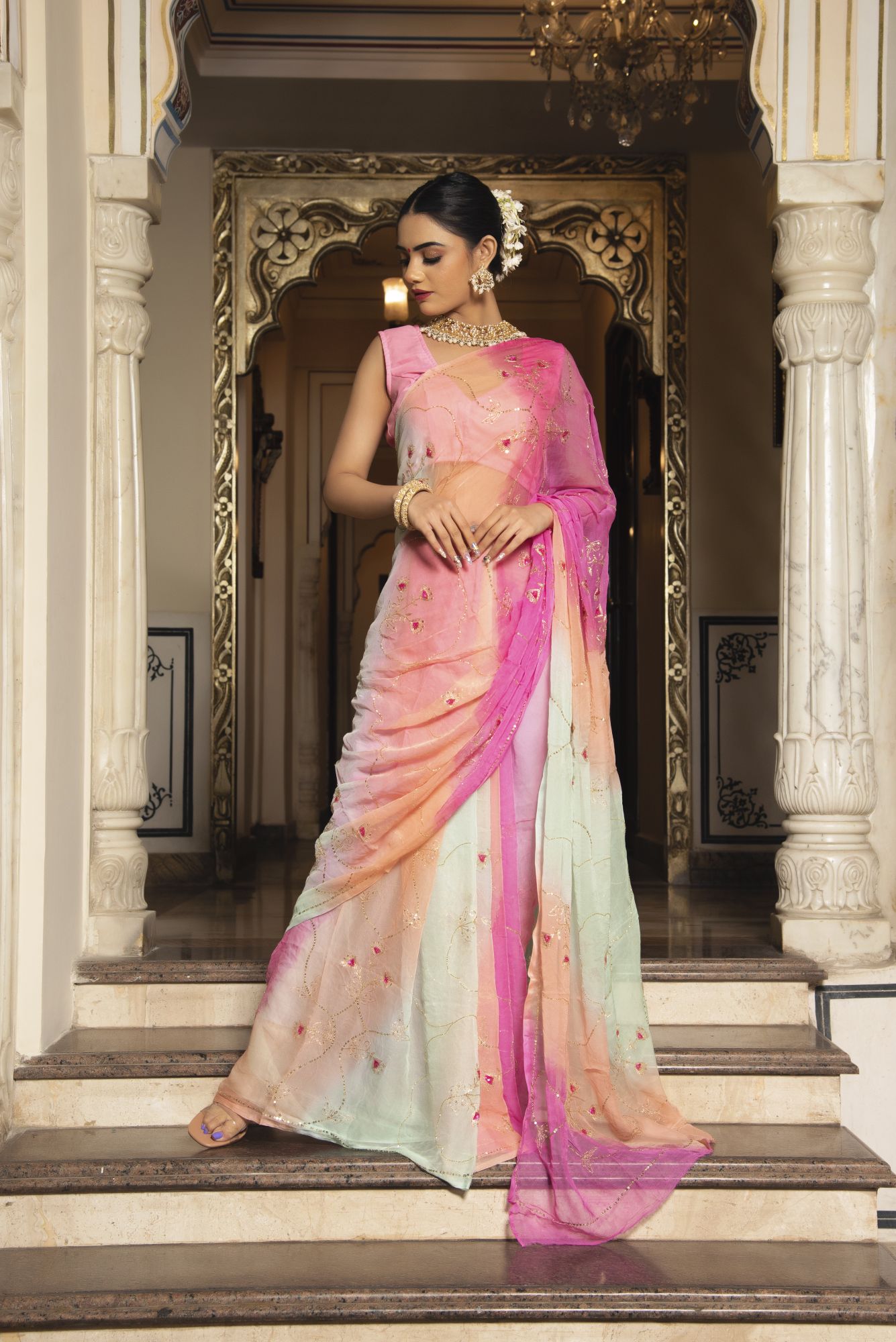 Princess Pink Pure Chiffon Handwork Saree