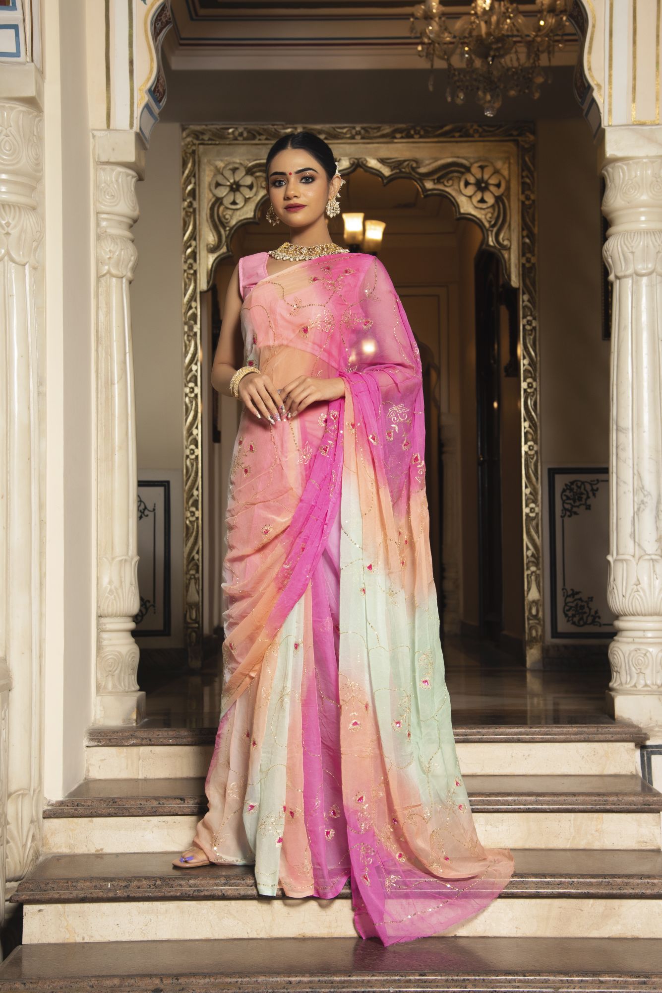 Princess Pink Pure Chiffon Handwork Saree