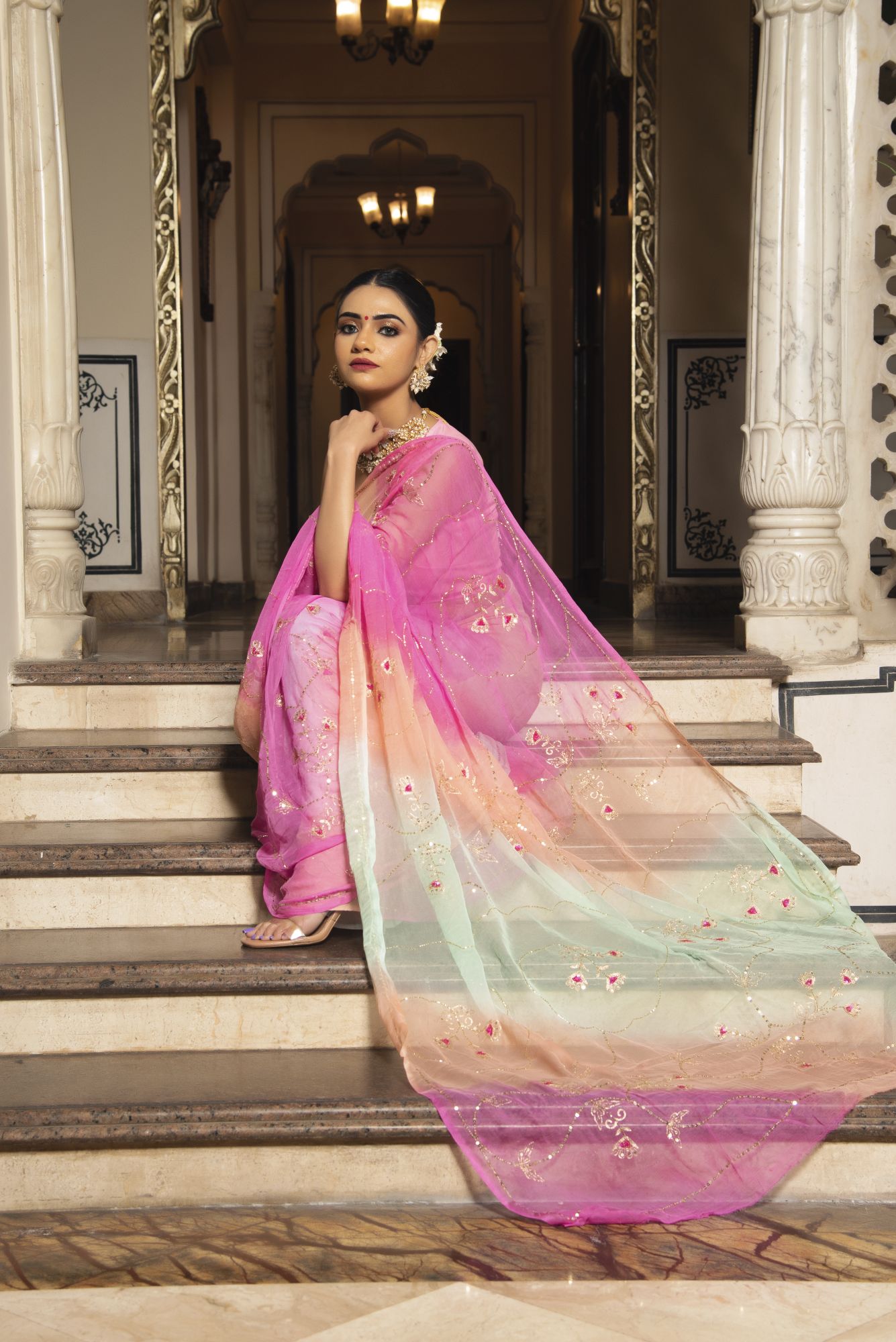 Princess Pink Pure Chiffon Handwork Saree