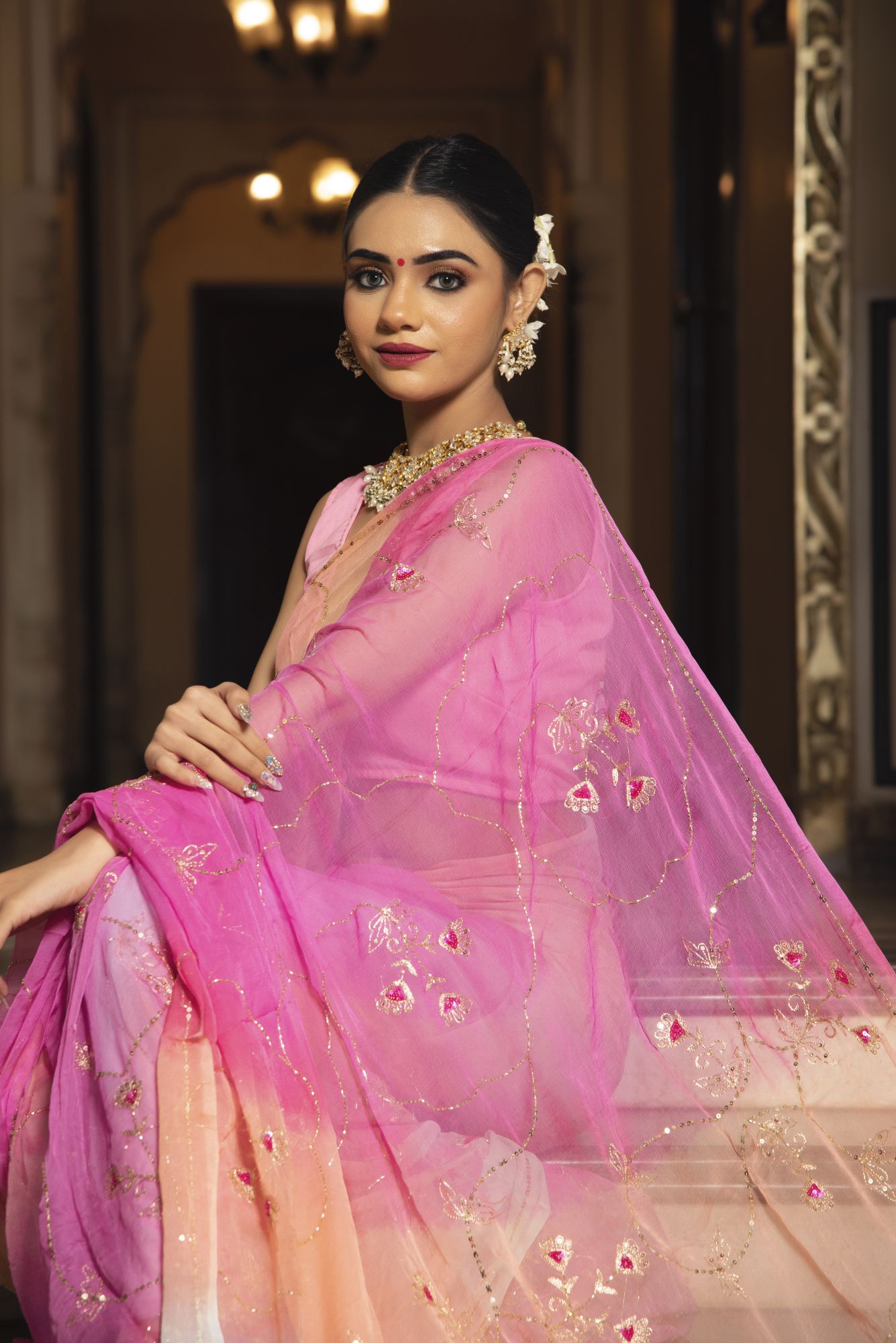 Princess Pink Pure Chiffon Handwork Saree