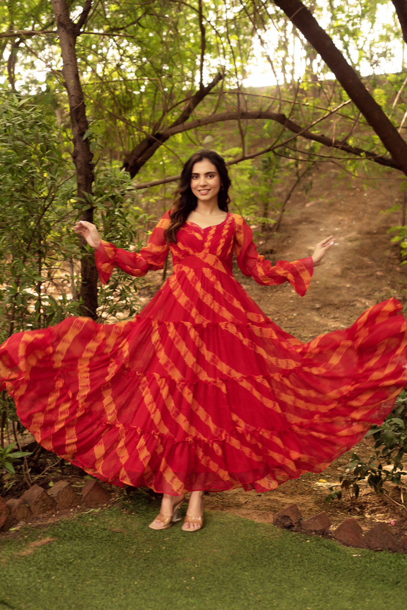 Red and Orange Chiffon Printed Maxi Dress