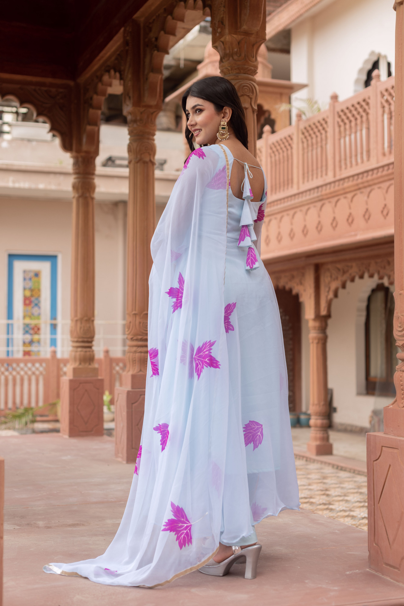 Sky Blue Handpainted Anarkali Suit Set