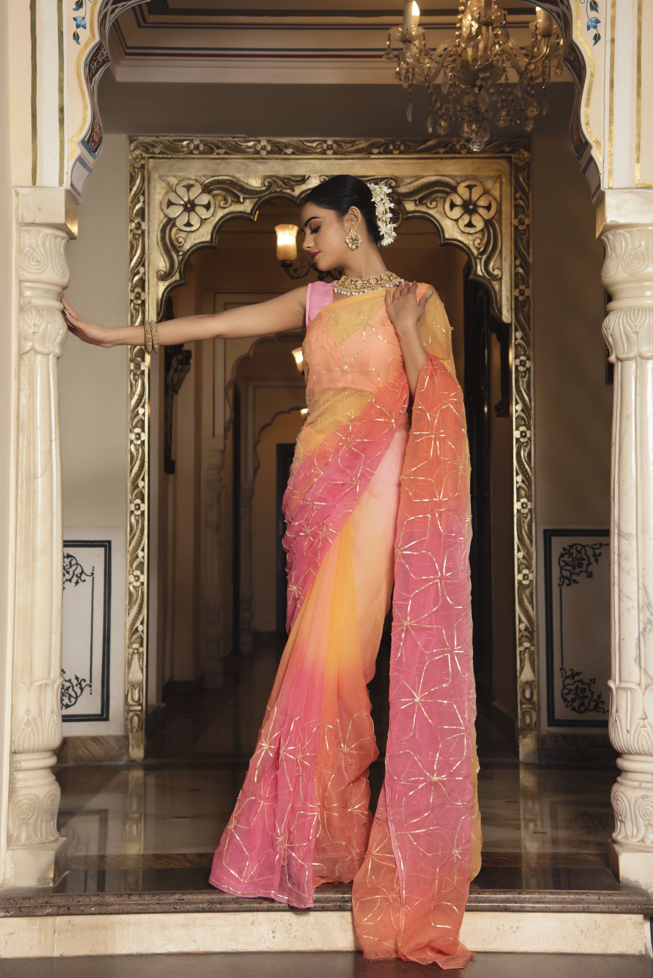 Orange Peach Gotapatti Pure Chiffon Saree