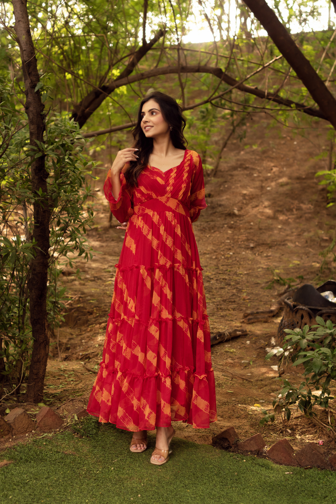 Red and Orange Chiffon Printed Maxi Dress