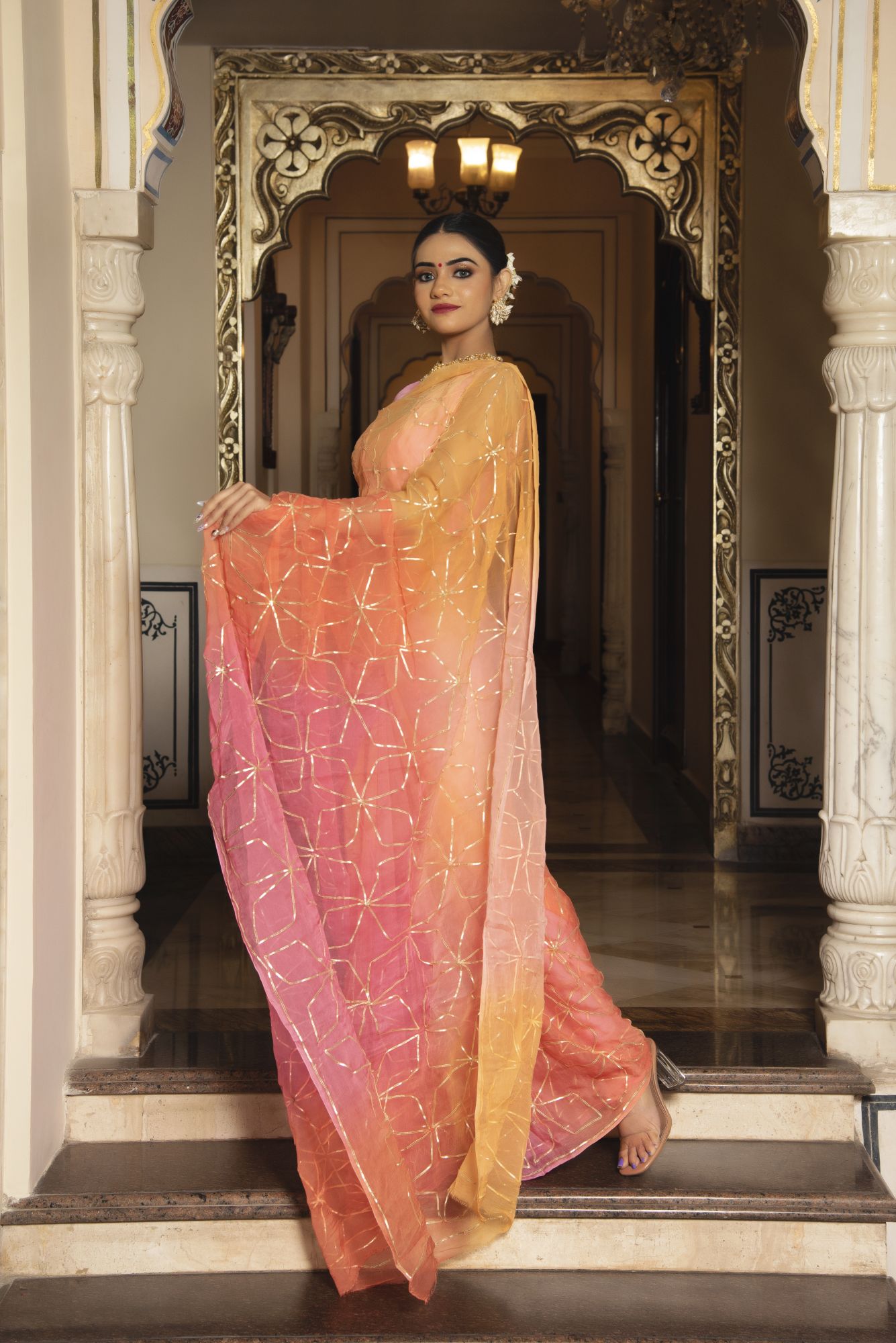Orange Peach Gotapatti Pure Chiffon Saree