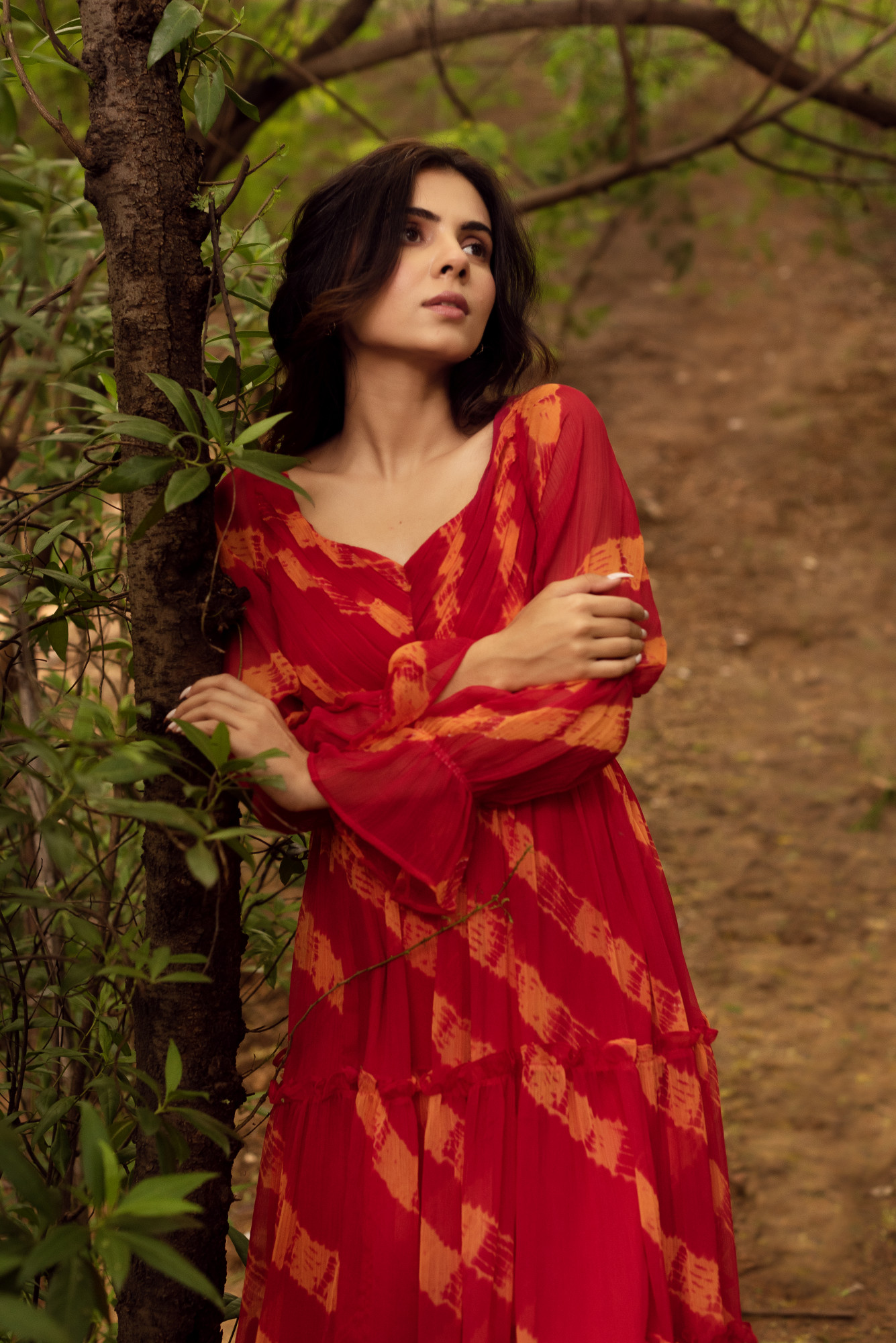 Red and Orange Chiffon Printed Maxi Dress