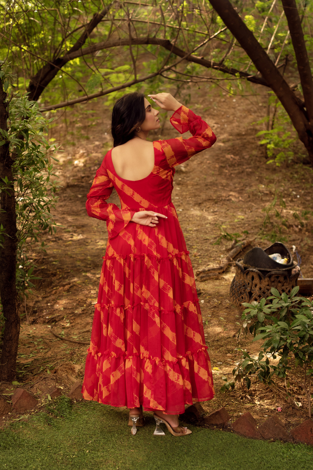 Red and Orange Chiffon Printed Maxi Dress
