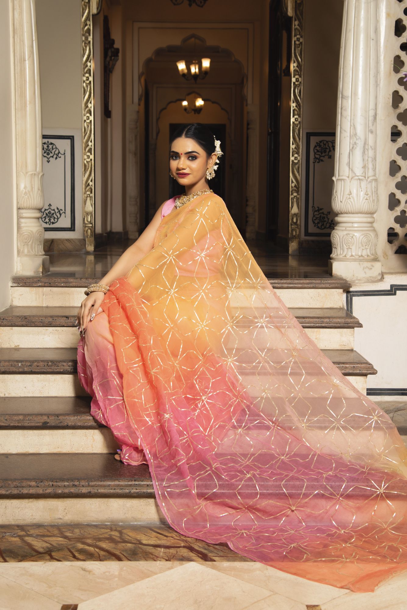Orange Peach Gotapatti Pure Chiffon Saree